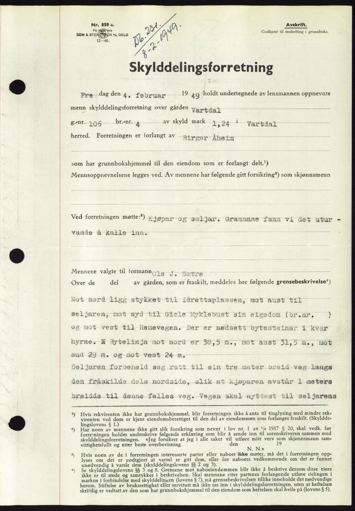 Søre Sunnmøre sorenskriveri, AV/SAT-A-4122/1/2/2C/L0084: Mortgage book no. 10A, 1949-1949, Diary no: : 231/1949