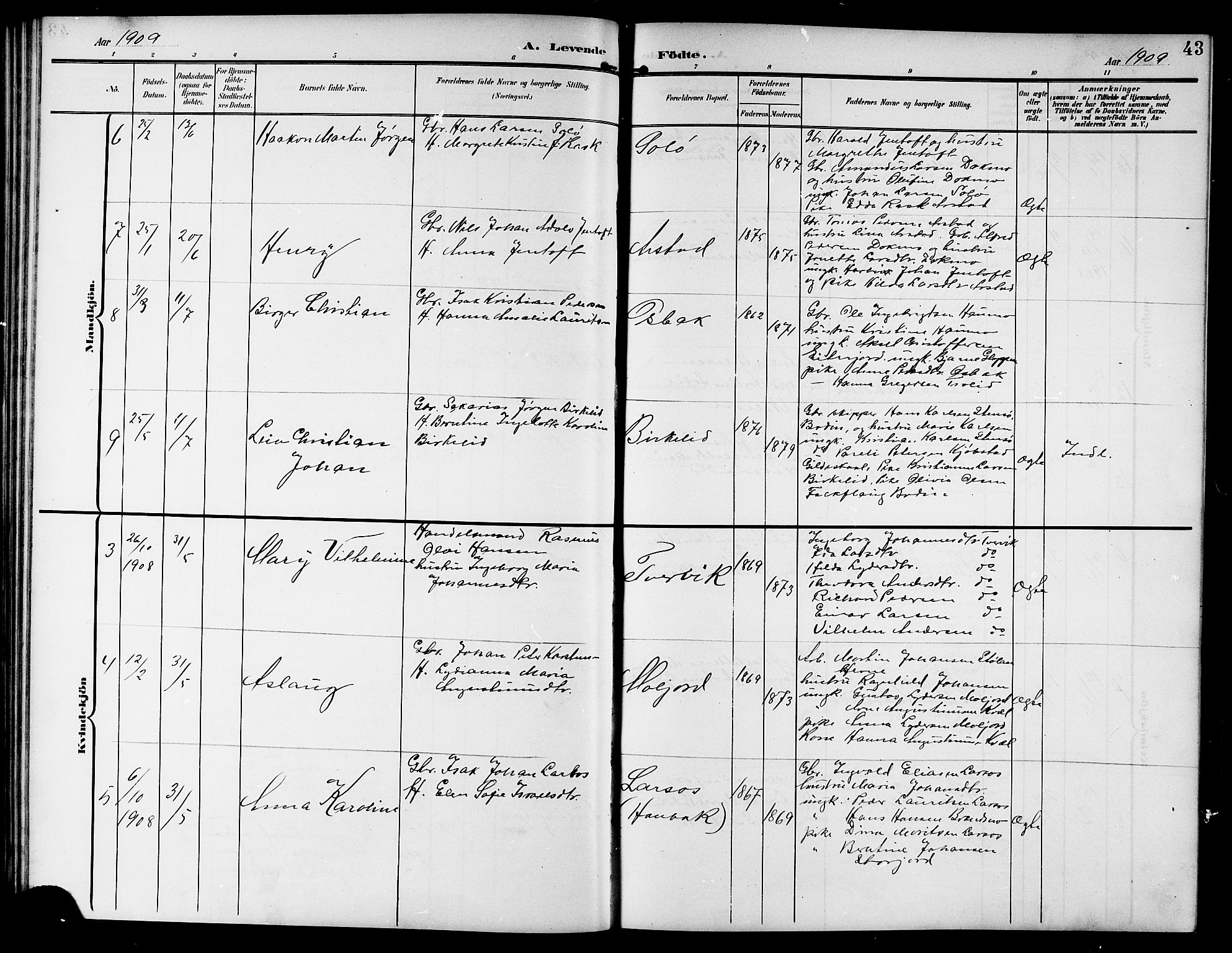 Ministerialprotokoller, klokkerbøker og fødselsregistre - Nordland, AV/SAT-A-1459/846/L0655: Parish register (copy) no. 846C05, 1902-1916, p. 43