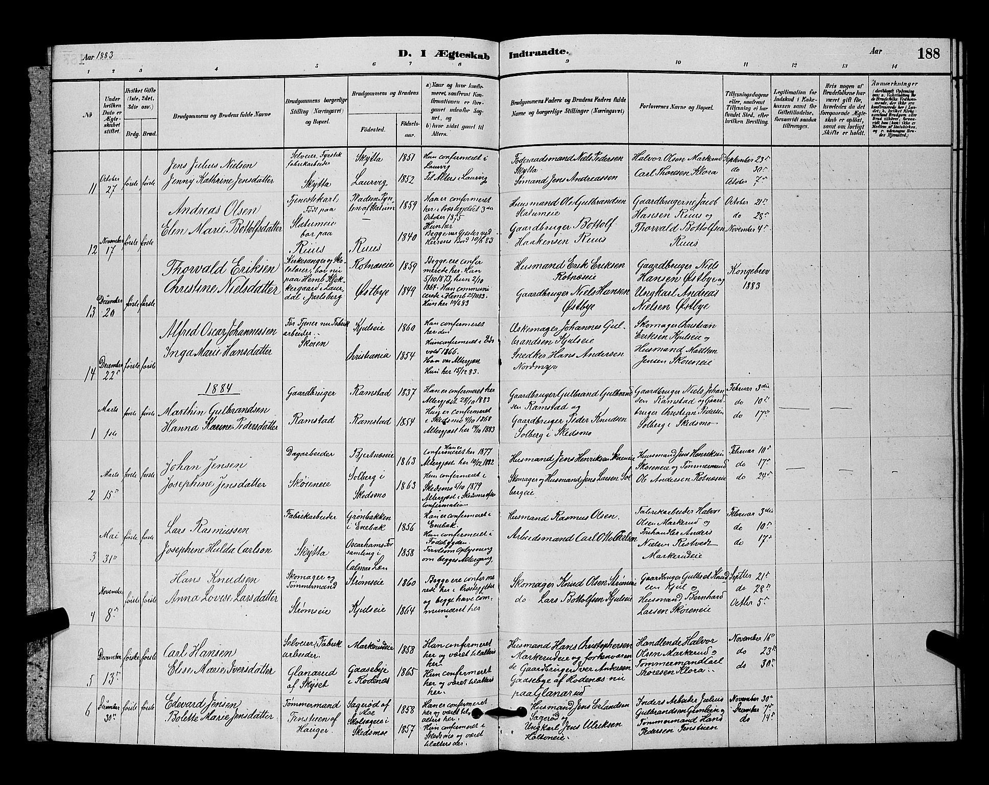 Nittedal prestekontor Kirkebøker, SAO/A-10365a/G/Ga/L0002: Parish register (copy) no. I 2, 1879-1901, p. 188