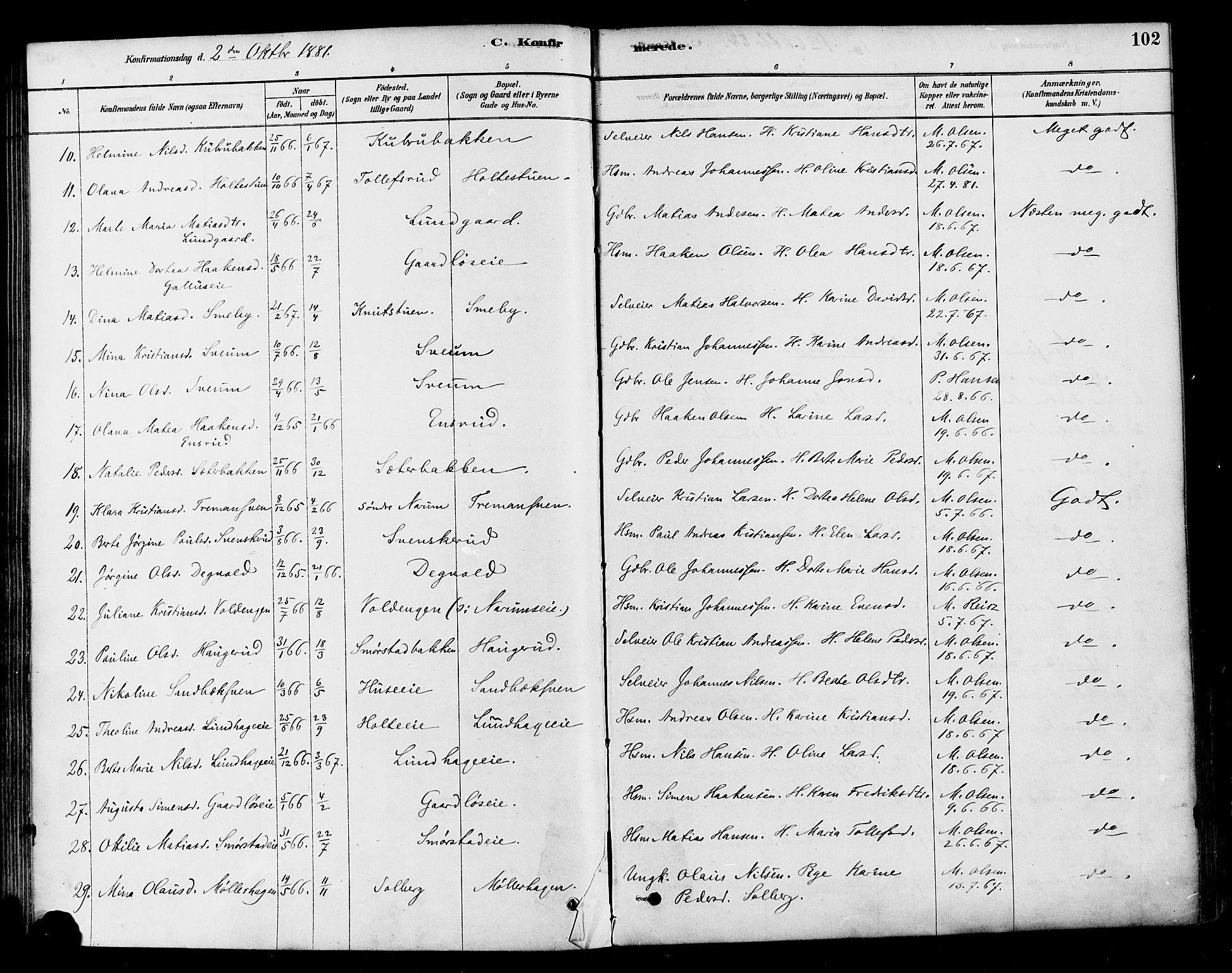 Vestre Toten prestekontor, SAH/PREST-108/H/Ha/Haa/L0010: Parish register (official) no. 10, 1878-1894, p. 102