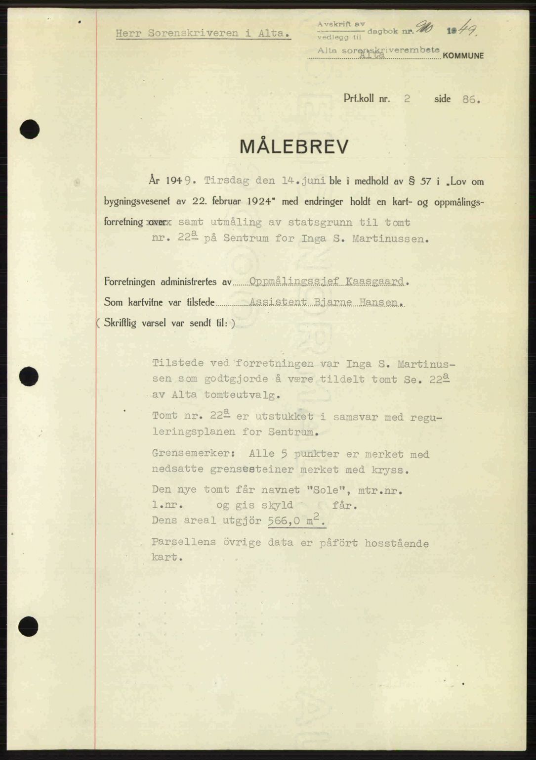 Alta fogderi/sorenskriveri, SATØ/SATØ-5/1/K/Kd/L0038pantebok: Mortgage book no. 41-42, 1949-1950, Diary no: : 910/1949