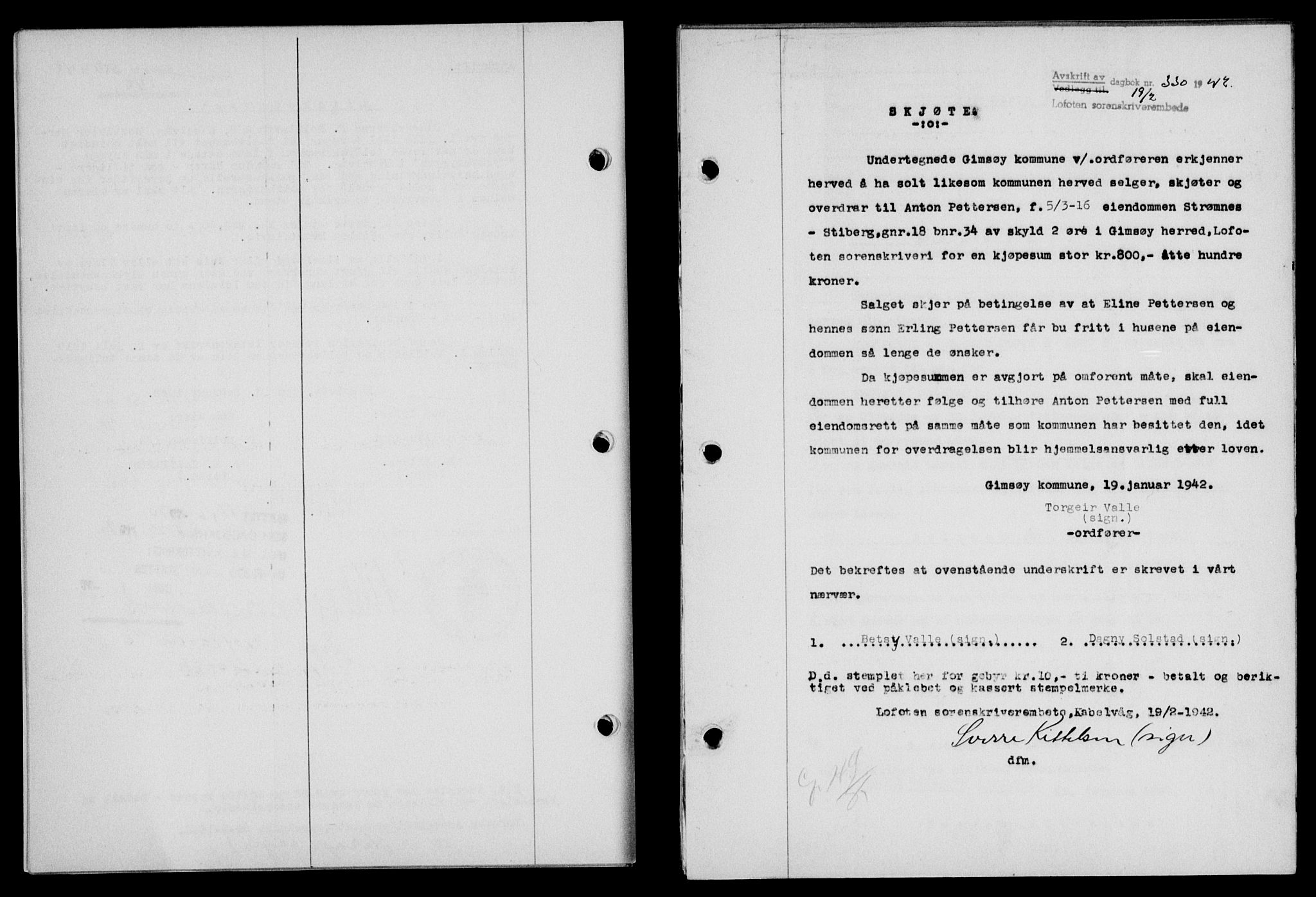 Lofoten sorenskriveri, SAT/A-0017/1/2/2C/L0009a: Mortgage book no. 9a, 1941-1942, Diary no: : 330/1942