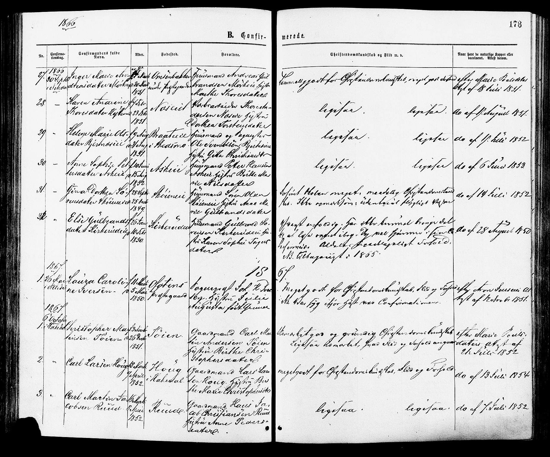 Nittedal prestekontor Kirkebøker, AV/SAO-A-10365a/F/Fa/L0006: Parish register (official) no. I 6, 1863-1878, p. 173