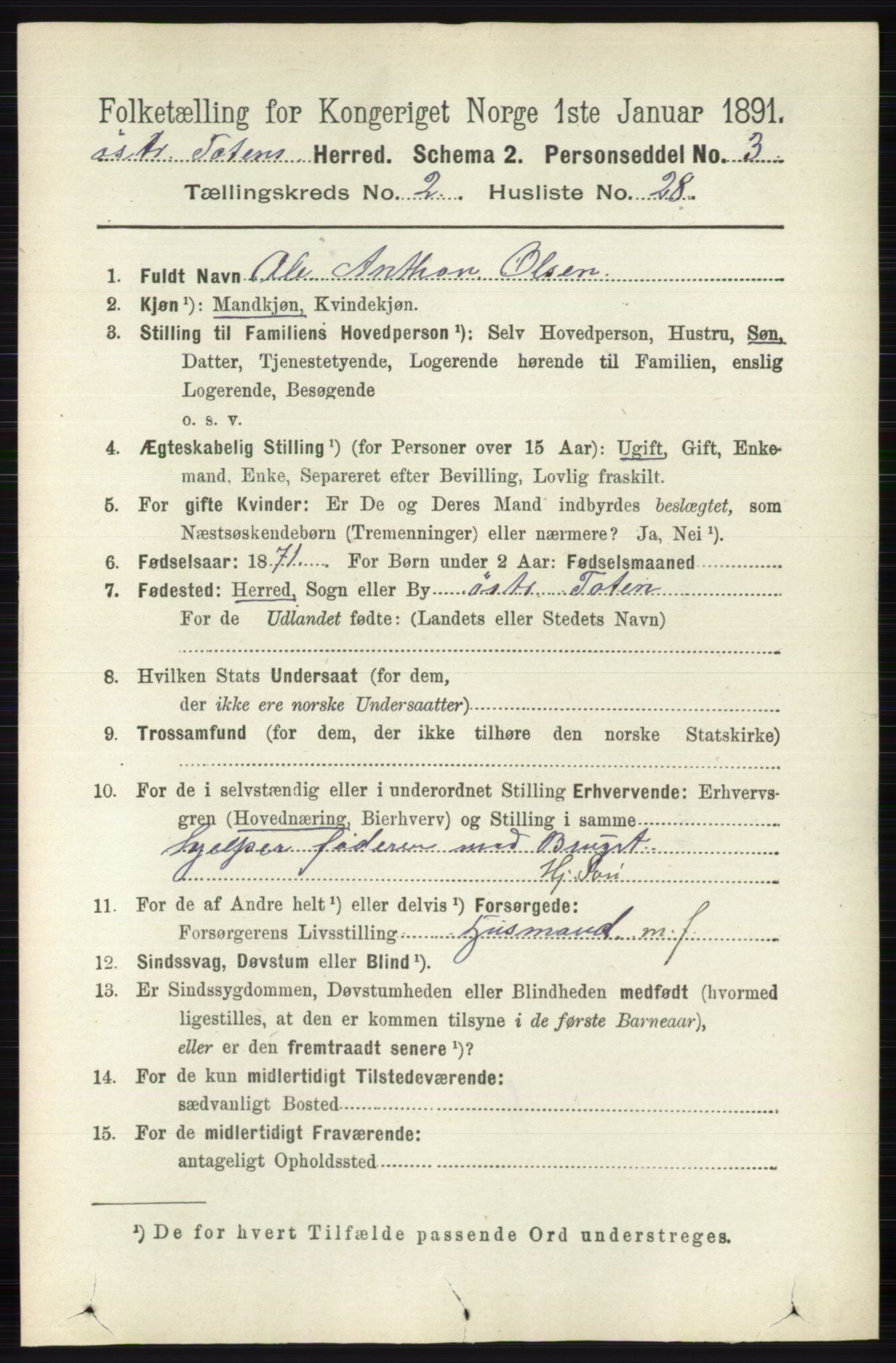 RA, 1891 census for 0528 Østre Toten, 1891, p. 937