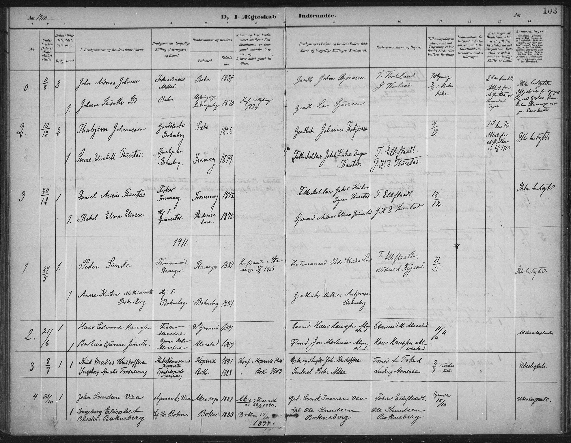 Tysvær sokneprestkontor, AV/SAST-A -101864/H/Ha/Haa/L0009: Parish register (official) no. A 9, 1898-1925, p. 103