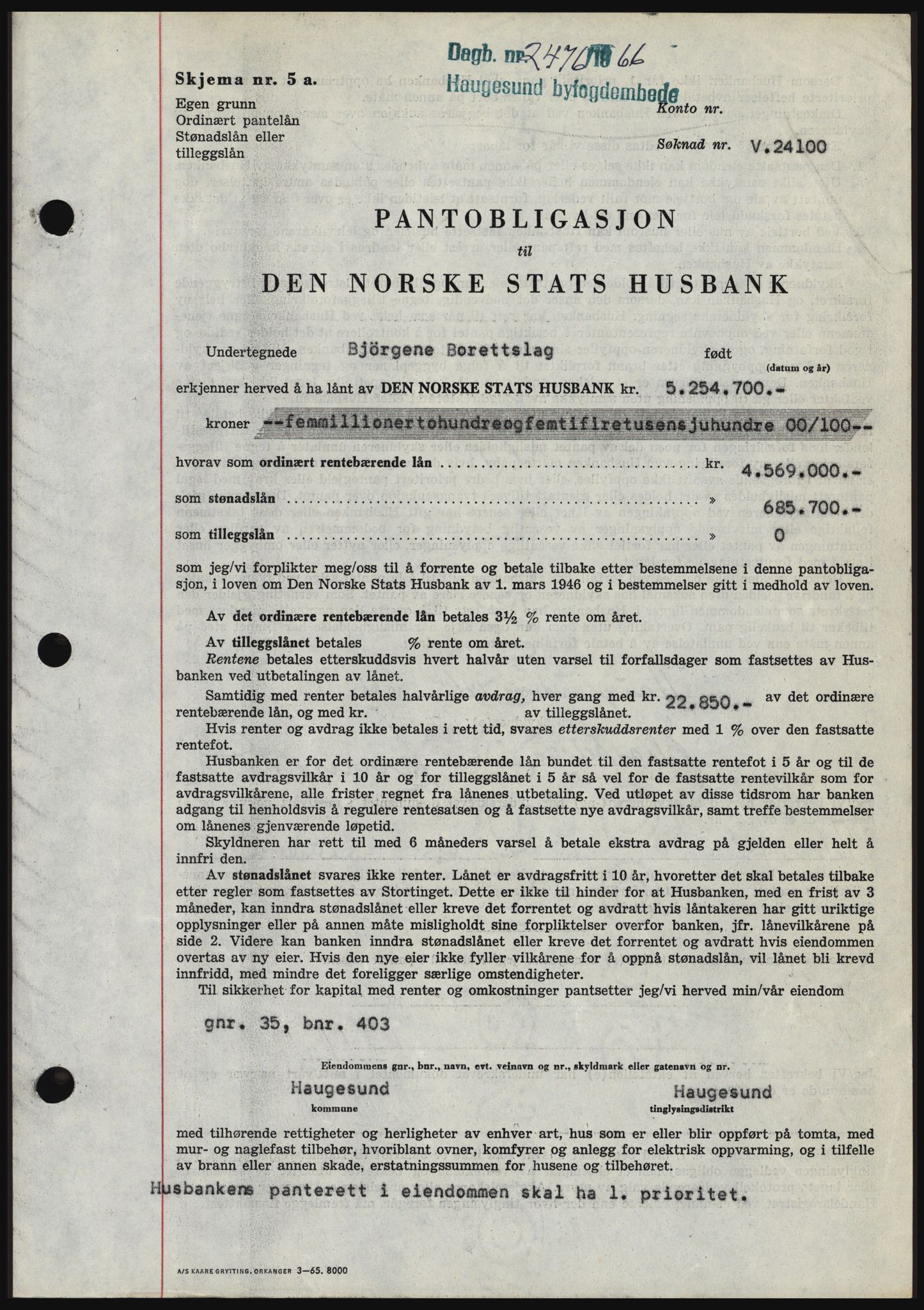 Haugesund tingrett, SAST/A-101415/01/II/IIC/L0056: Mortgage book no. B 56, 1966-1967, Diary no: : 2476/1966