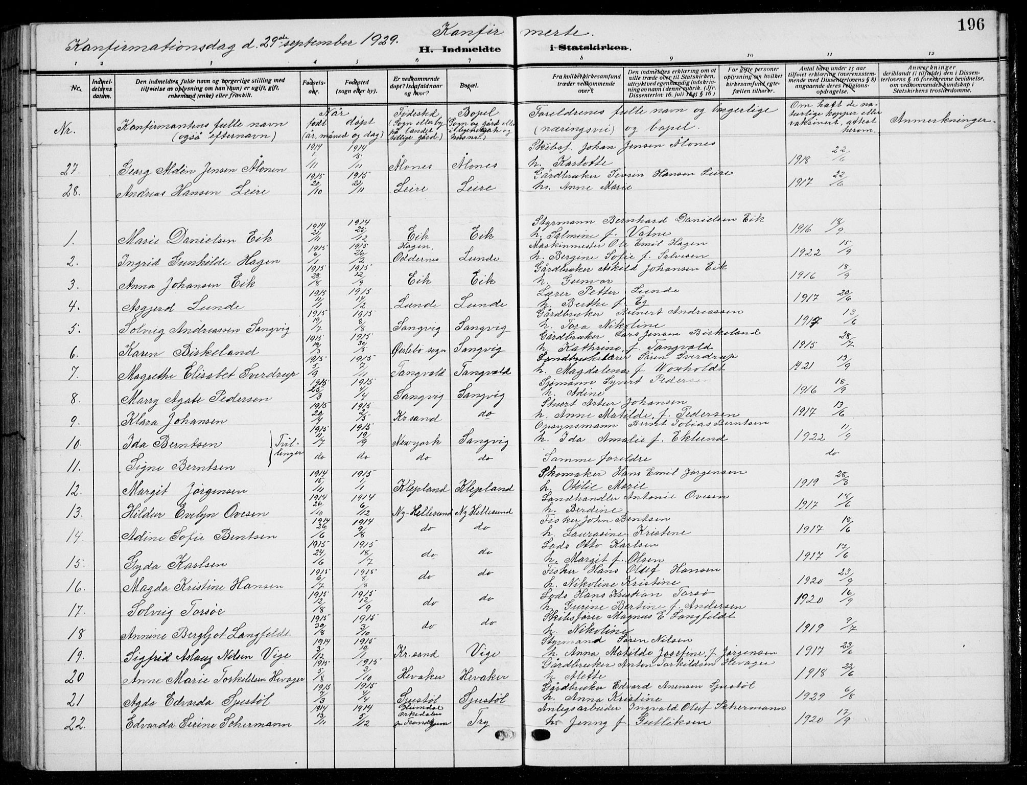 Søgne sokneprestkontor, SAK/1111-0037/F/Fb/Fbb/L0007: Parish register (copy) no. B 7, 1912-1931, p. 196