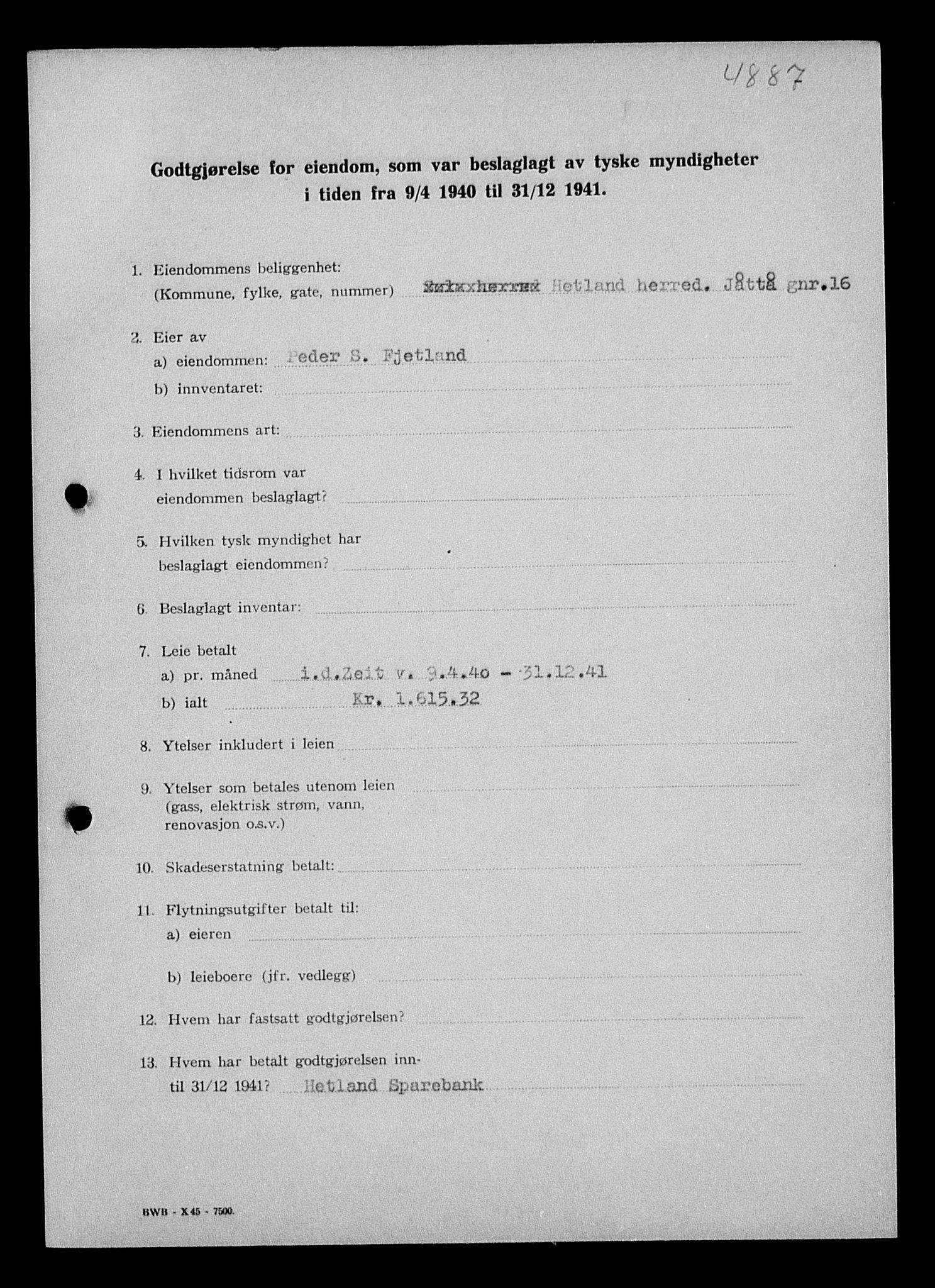 Justisdepartementet, Tilbakeføringskontoret for inndratte formuer, AV/RA-S-1564/I/L1015: Godtgjørelse for beslaglagt eiendom, 1940-1941, p. 447