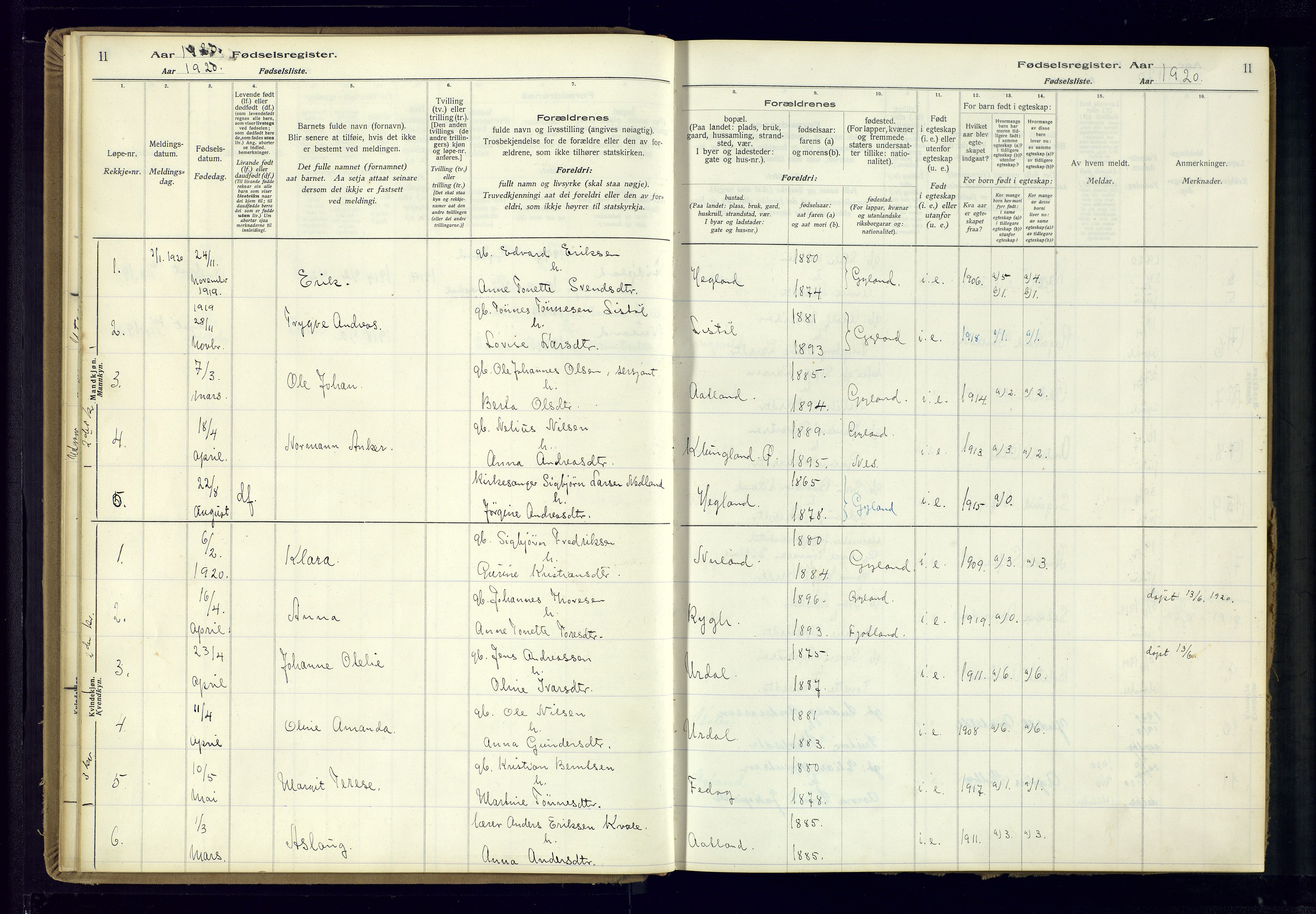 Bakke sokneprestkontor, SAK/1111-0002/J/Ja/L0002: Birth register no. A-VI-19, 1916-1982, p. 11