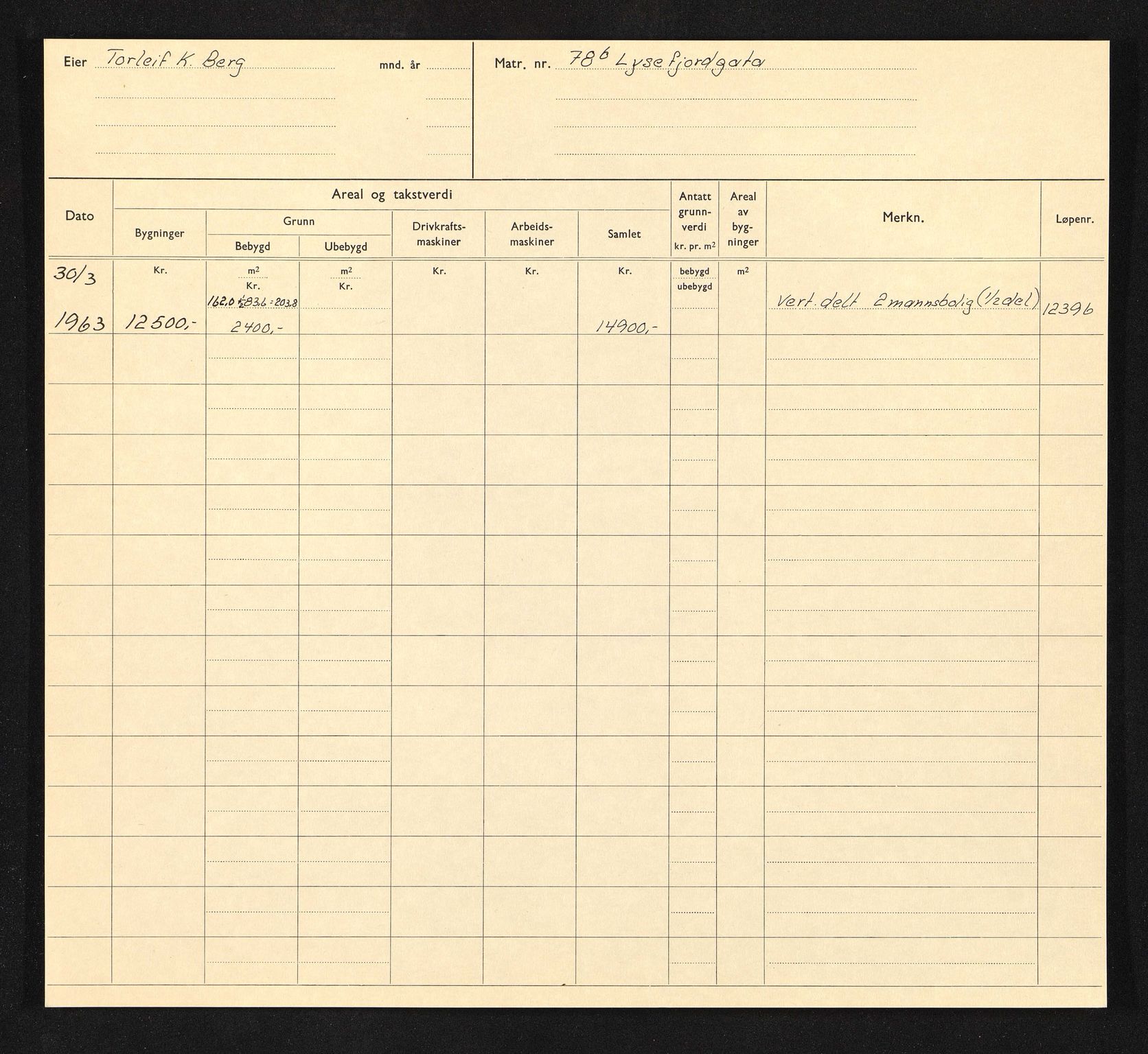 Stavanger kommune. Skattetakstvesenet, BYST/A-0440/F/Fa/Faa/L0029/0004: Skattetakstkort / Lysefjordgata 75 - Løkkeveien 26