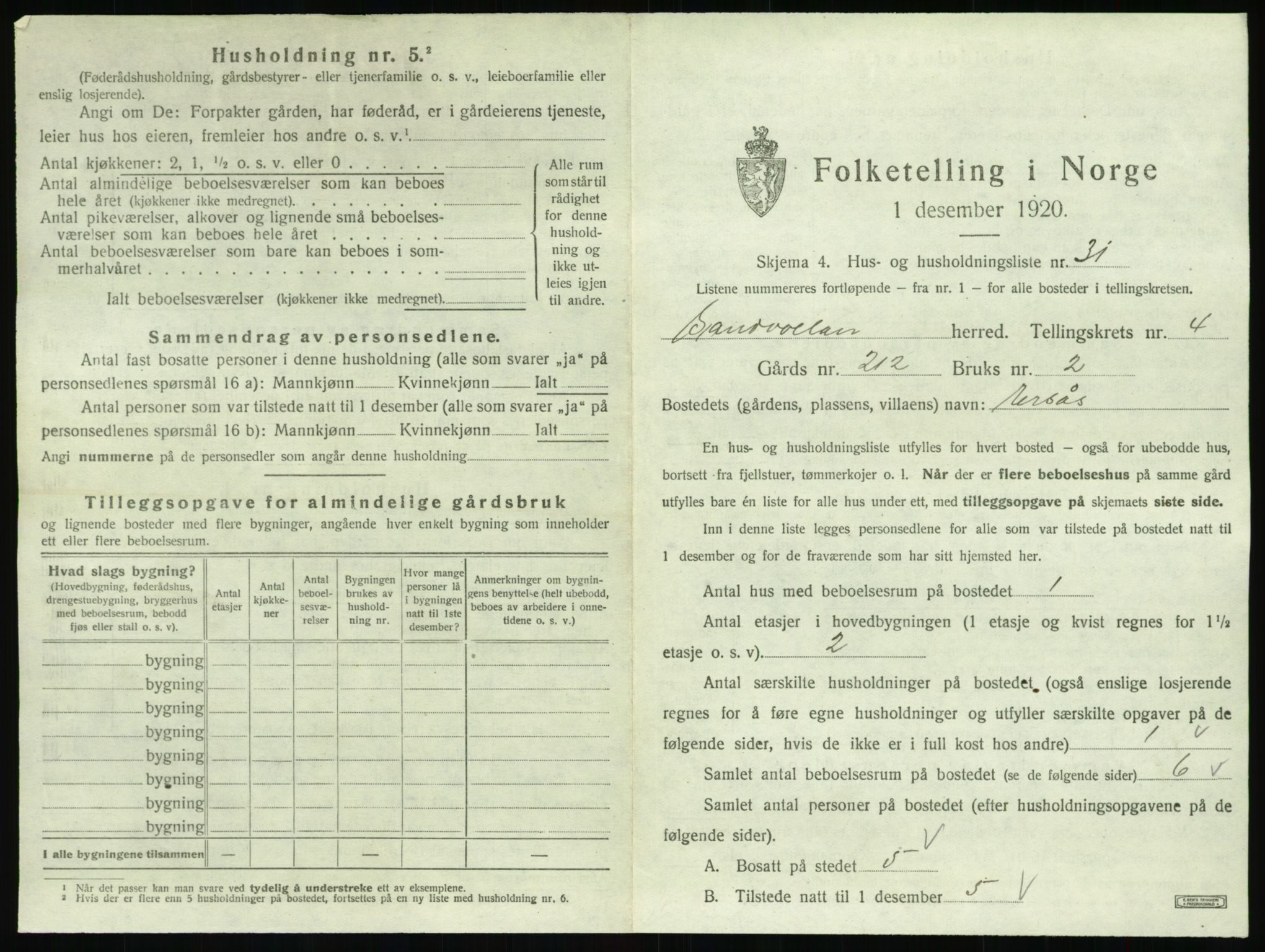 SAT, 1920 census for Sandvollan, 1920, p. 307