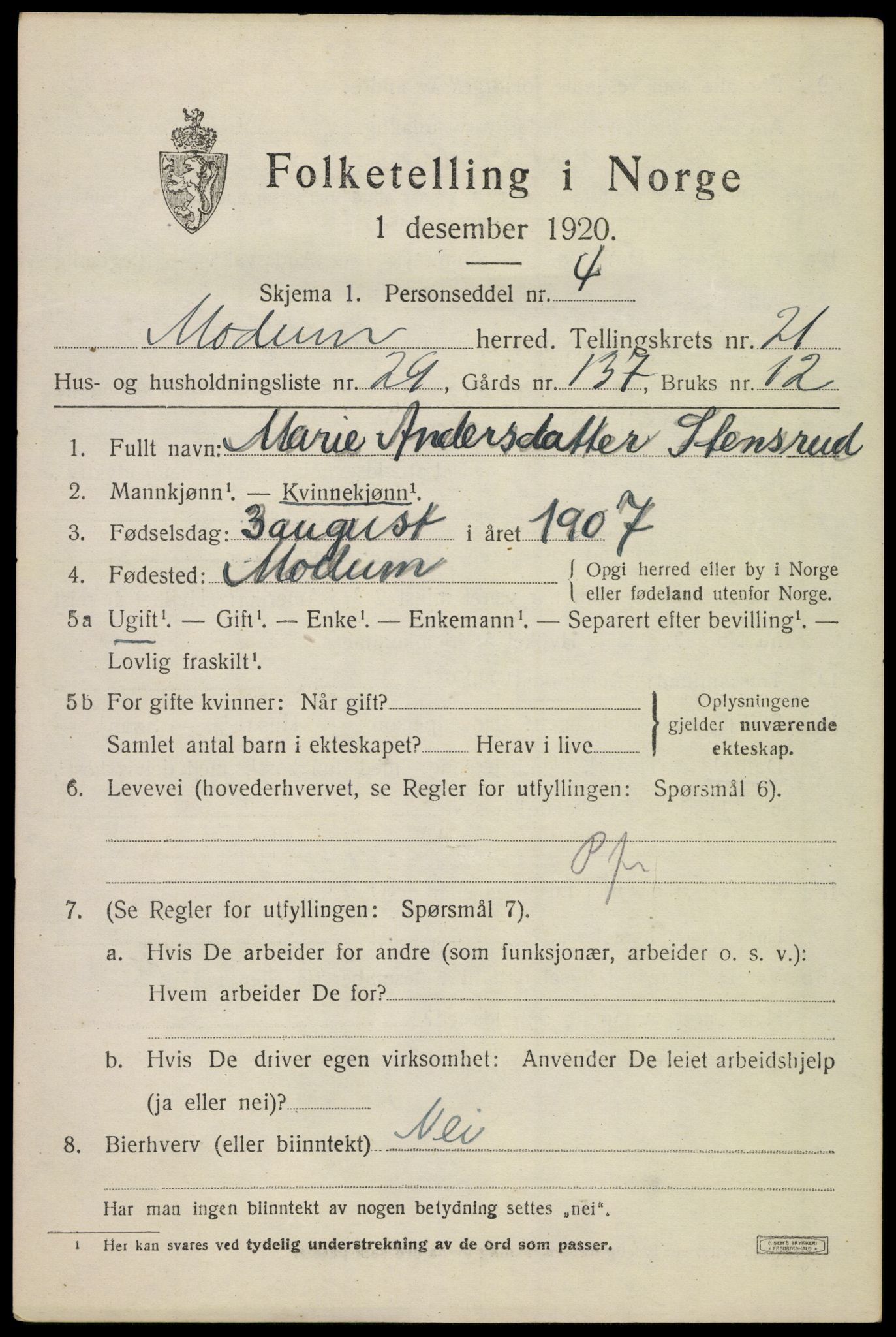 SAKO, 1920 census for Modum, 1920, p. 22961