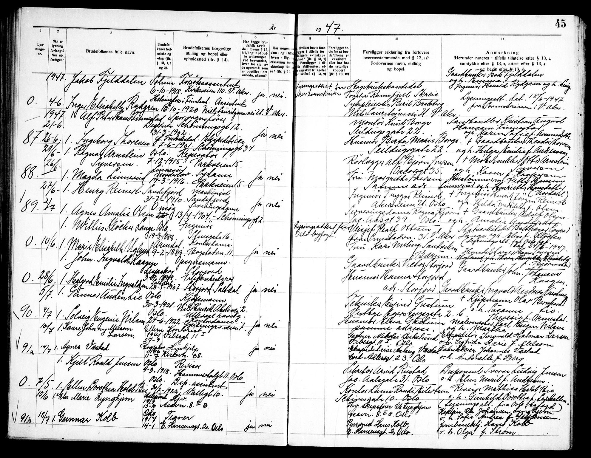Fagerborg prestekontor Kirkebøker, SAO/A-10844/H/Ha/L0006: Banns register no. 6, 1944-1950, p. 45