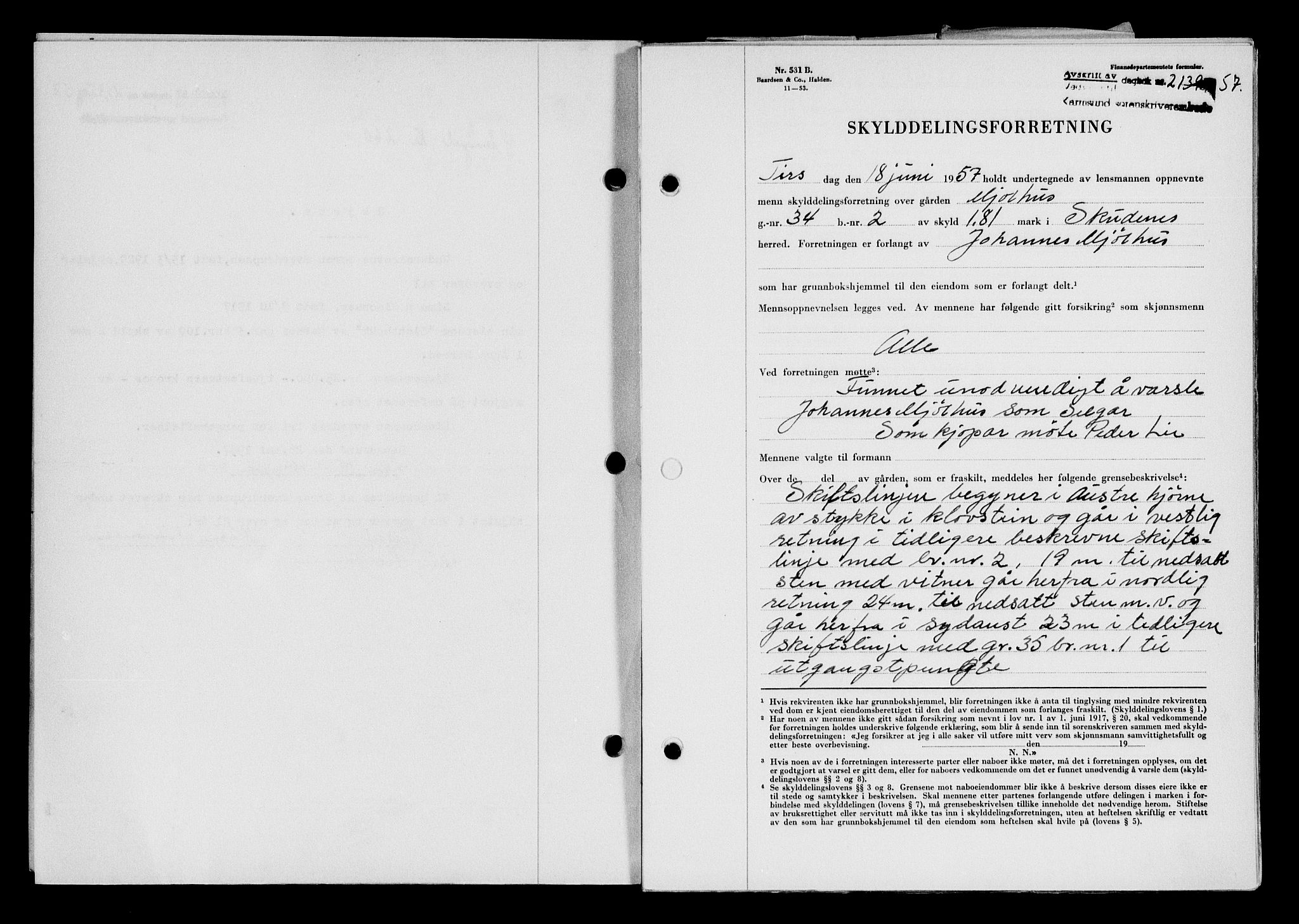 Karmsund sorenskriveri, SAST/A-100311/01/II/IIB/L0125: Mortgage book no. 105A, 1957-1957, Diary no: : 2139/1957