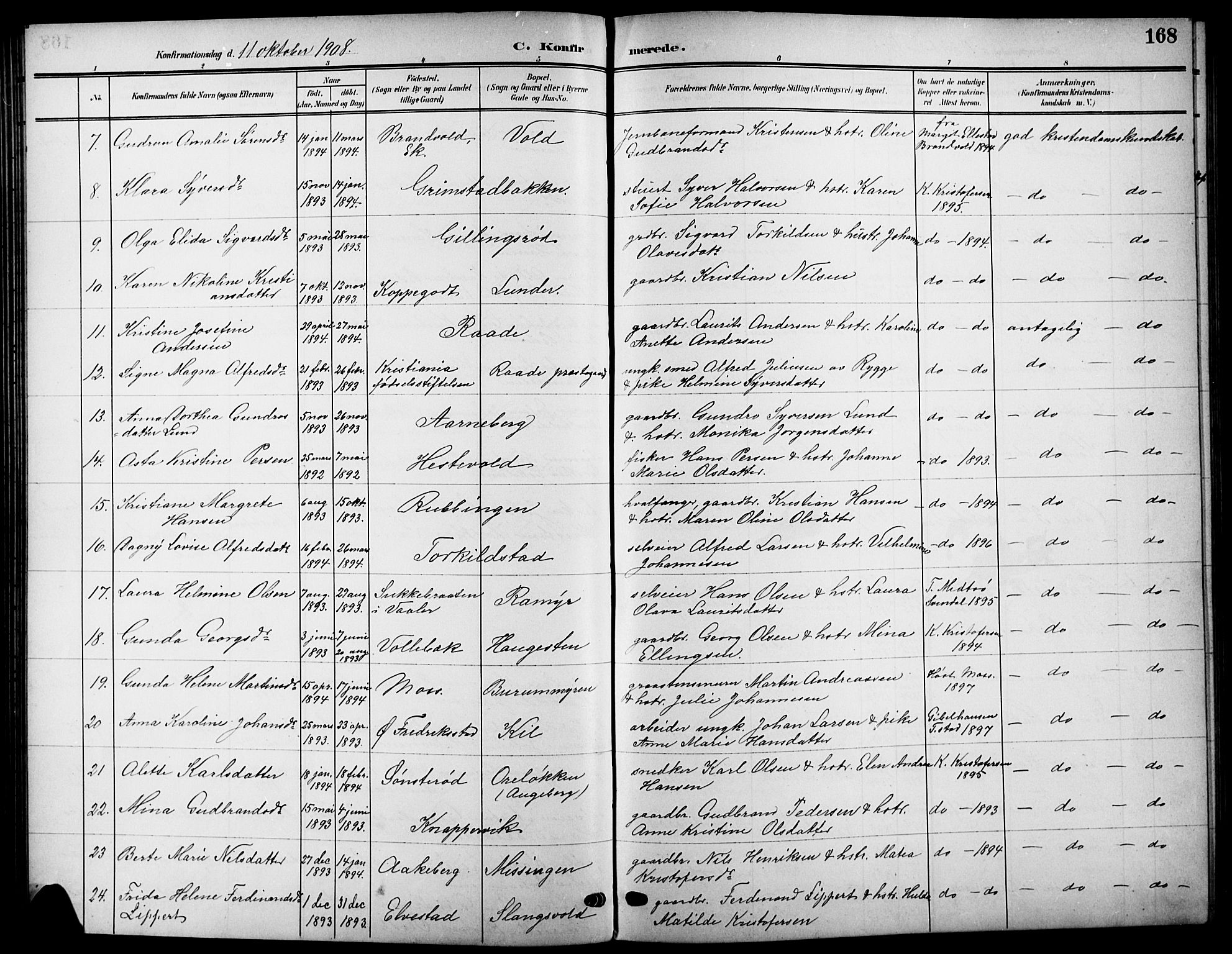 Råde prestekontor kirkebøker, SAO/A-2009/G/Ga/L0001: Parish register (copy) no. 1, 1903-1925, p. 168