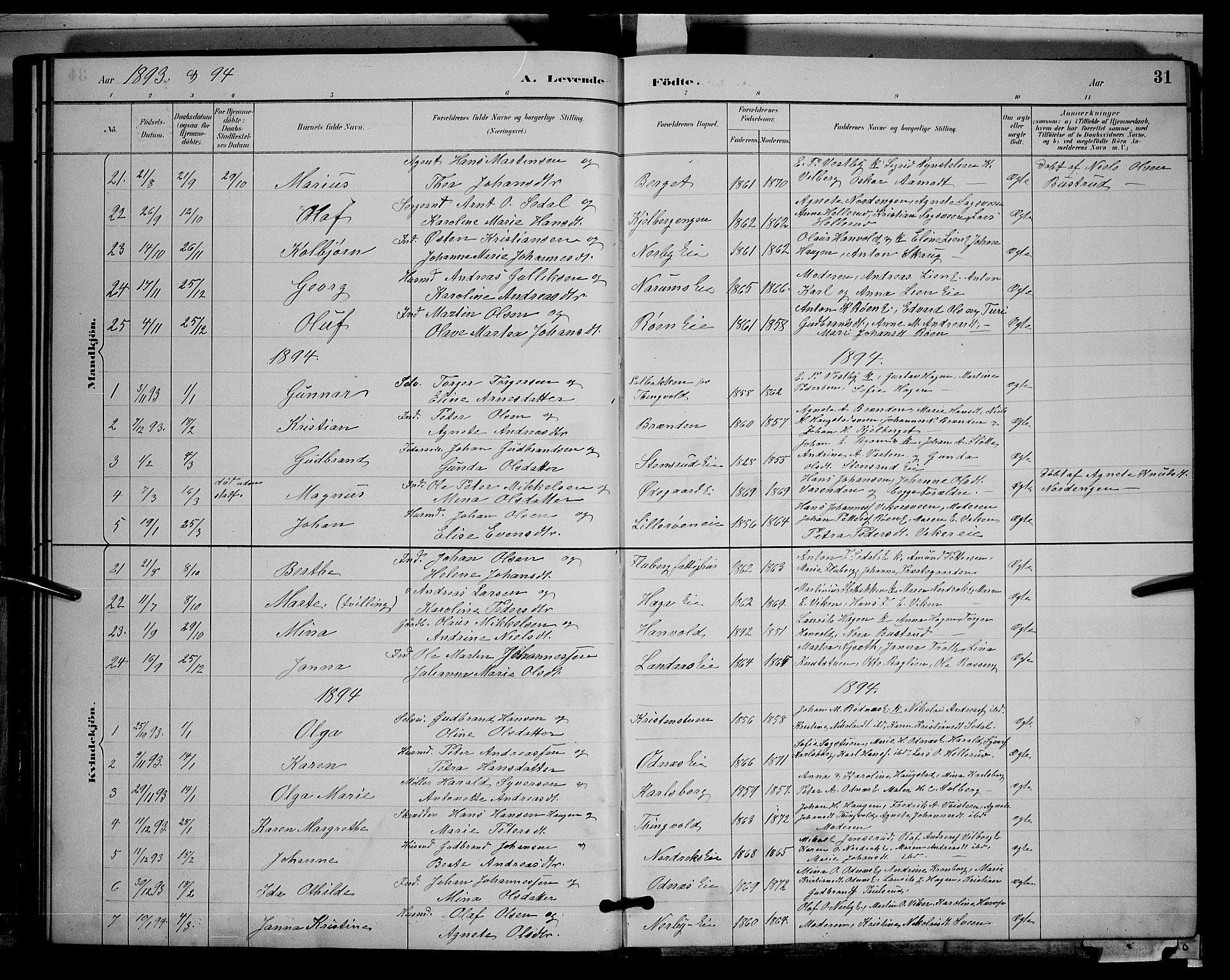 Søndre Land prestekontor, SAH/PREST-122/L/L0003: Parish register (copy) no. 3, 1884-1902, p. 31