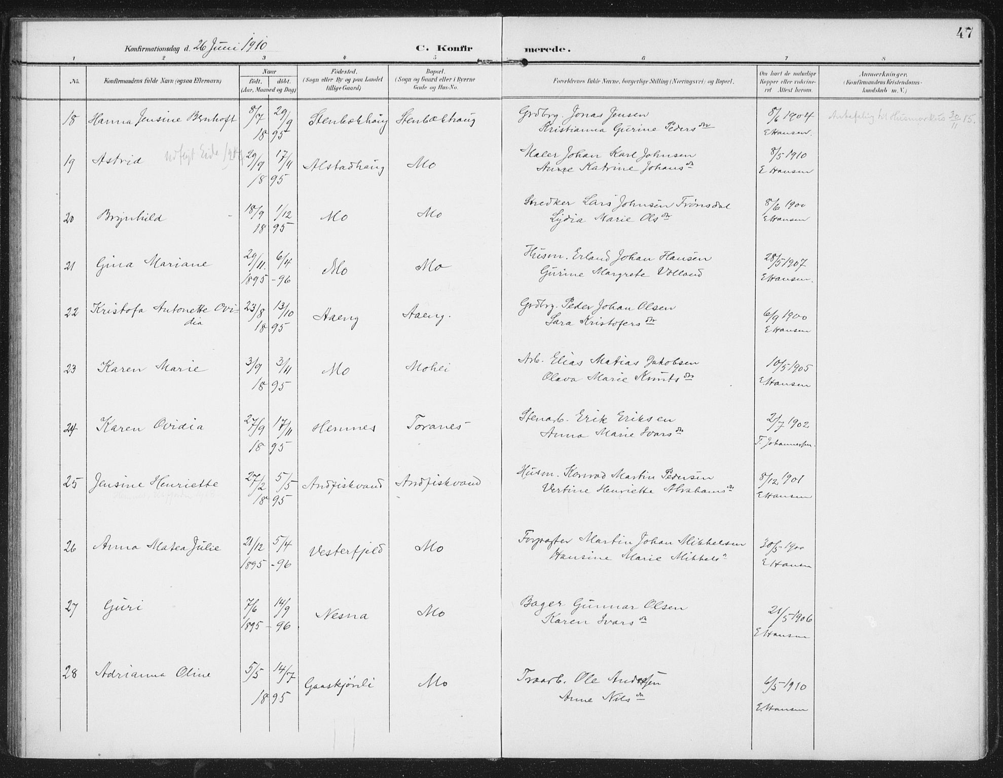 Ministerialprotokoller, klokkerbøker og fødselsregistre - Nordland, AV/SAT-A-1459/827/L0403: Parish register (official) no. 827A15, 1903-1912, p. 47