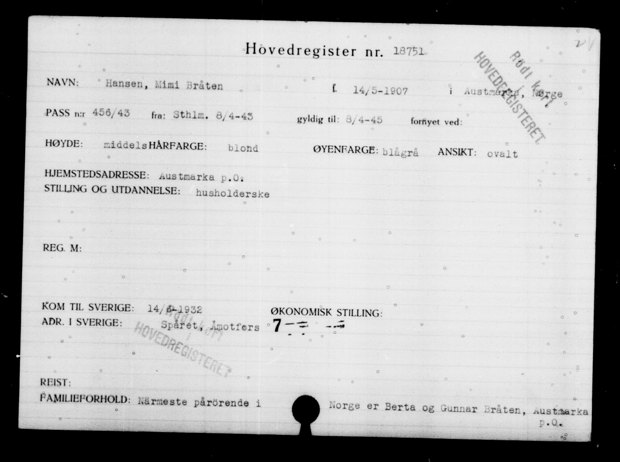 Utenriksstasjonene, Legasjonen i Stockholm, Flyktningkontoret, AV/RA-S-6753/V/Va/L0009: Kjesäterkartoteket, flyktninger med registreringsnr. 18502-22048, 1940-1945, p. 293