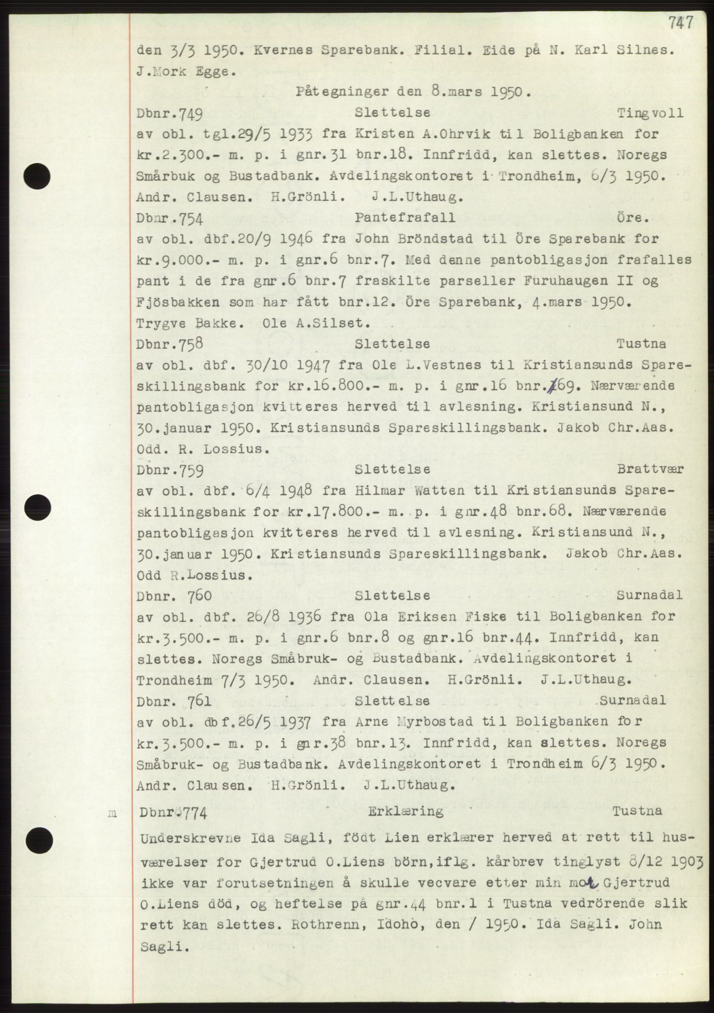 Nordmøre sorenskriveri, SAT/A-4132/1/2/2Ca: Mortgage book no. C82b, 1946-1951, Diary no: : 749/1950