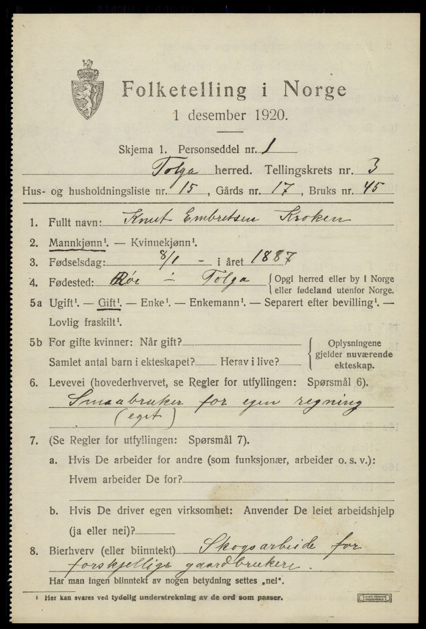 SAH, 1920 census for Tolga, 1920, p. 2367