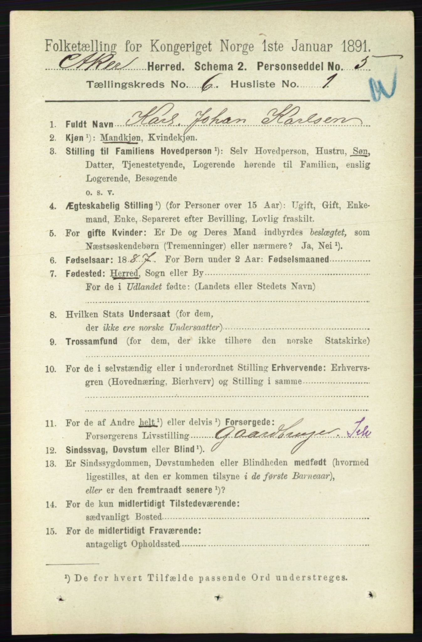 RA, 1891 census for 0218 Aker, 1891, p. 5516