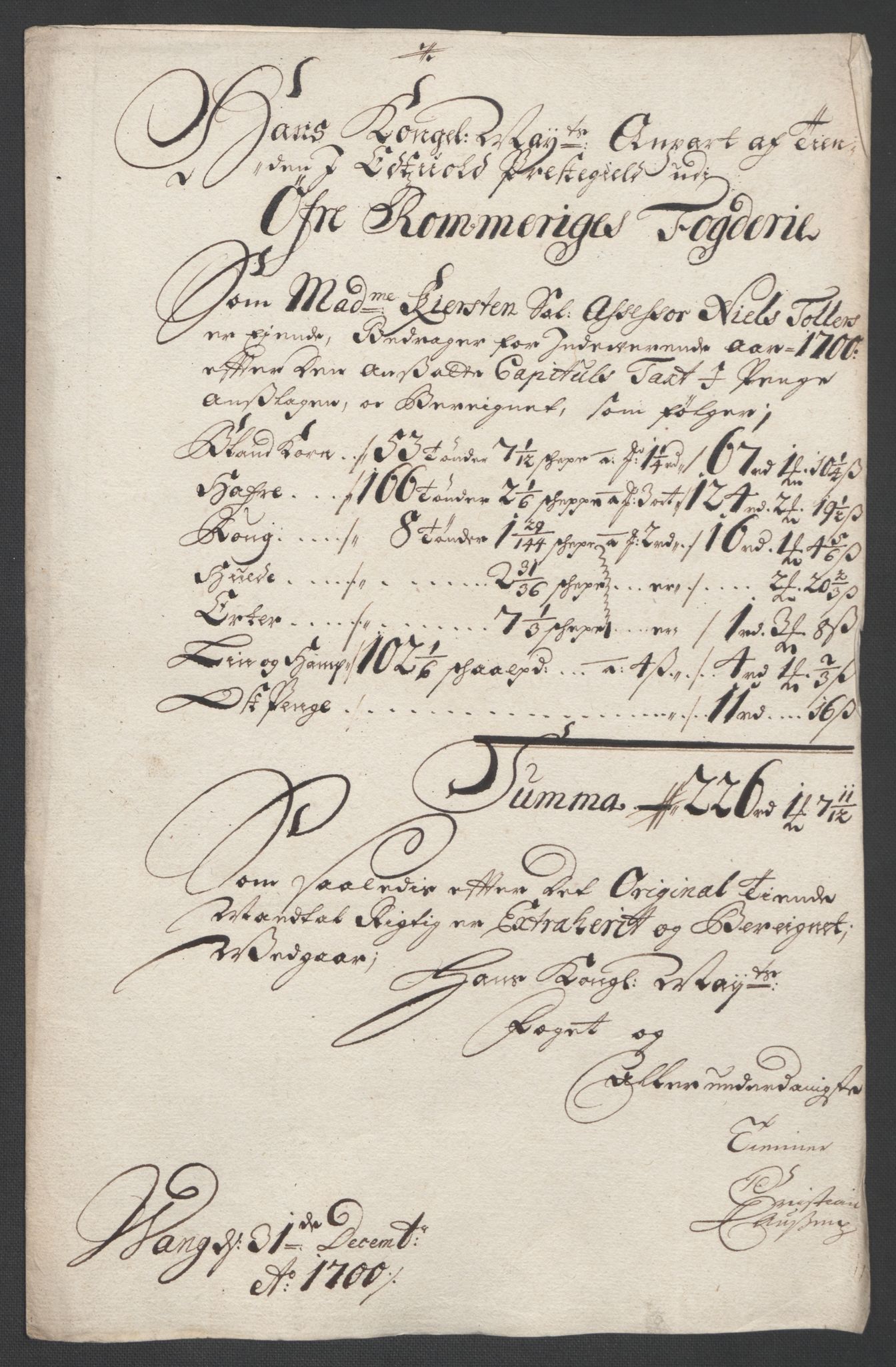 Rentekammeret inntil 1814, Reviderte regnskaper, Fogderegnskap, AV/RA-EA-4092/R12/L0712: Fogderegnskap Øvre Romerike, 1700, p. 62