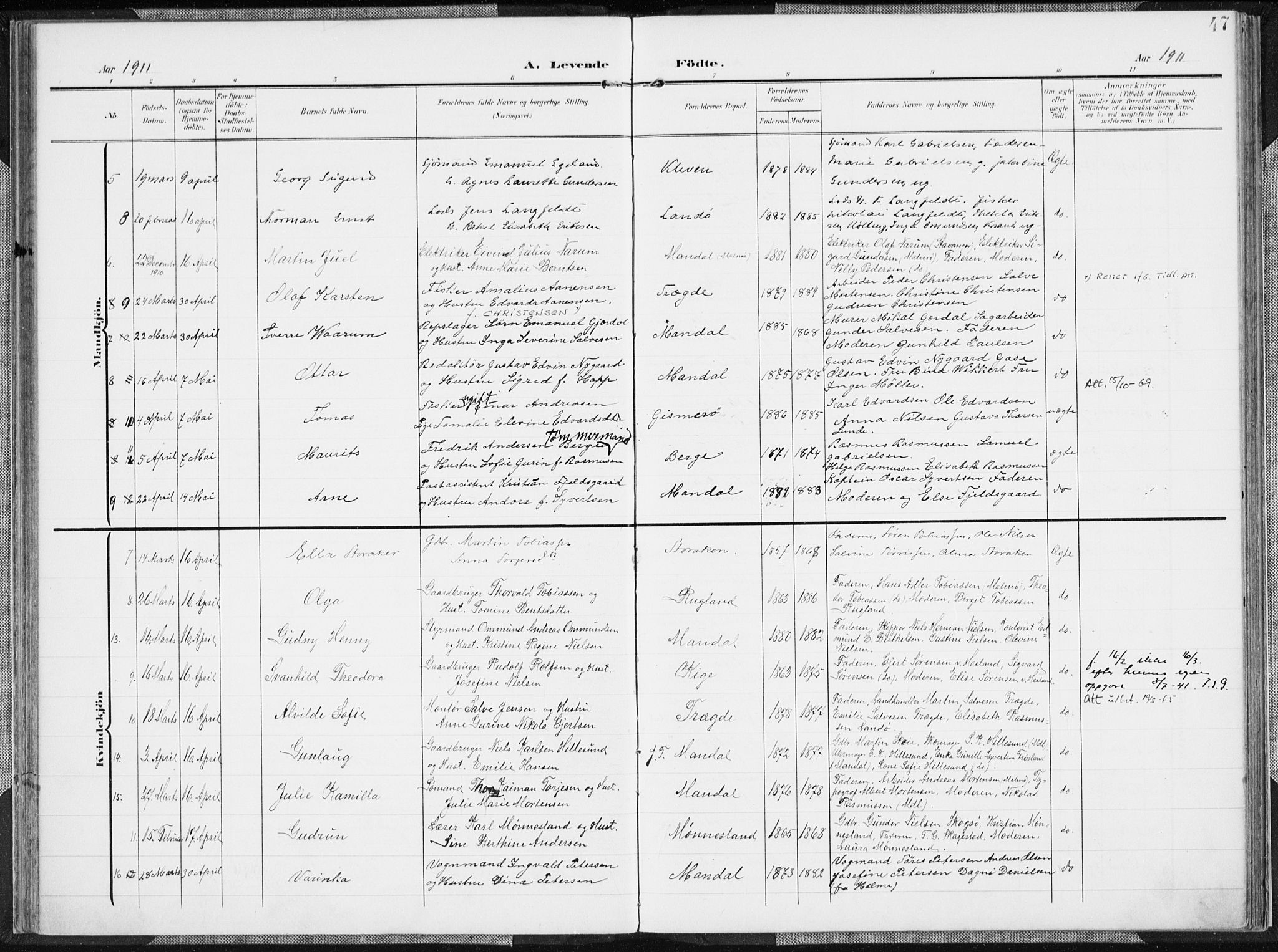 Mandal sokneprestkontor, AV/SAK-1111-0030/F/Fa/Faa/L0020: Parish register (official) no. A 20, 1906-1912, p. 47