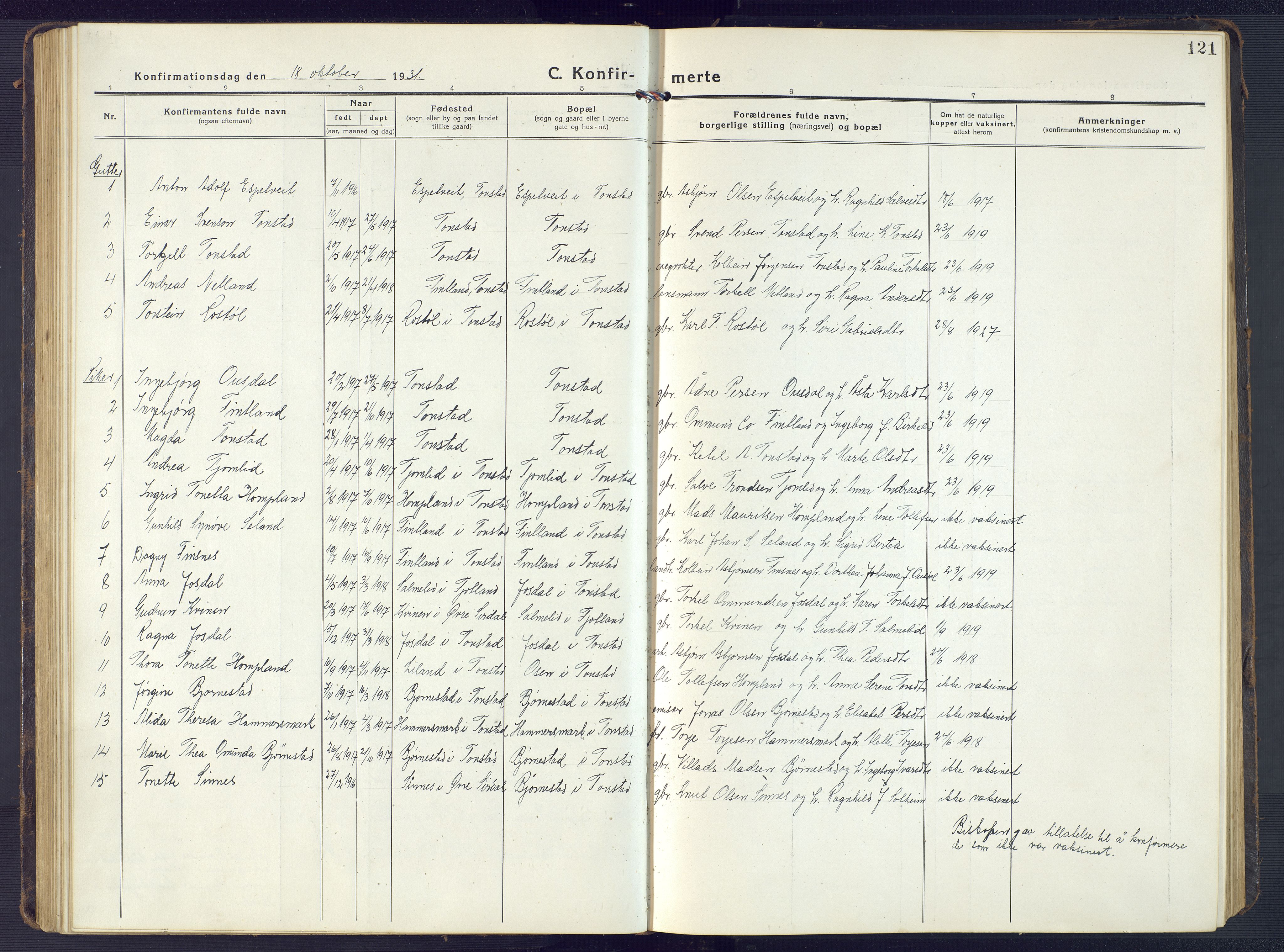 Sirdal sokneprestkontor, SAK/1111-0036/F/Fb/Fbb/L0005: Parish register (copy) no. B 5, 1916-1960, p. 121