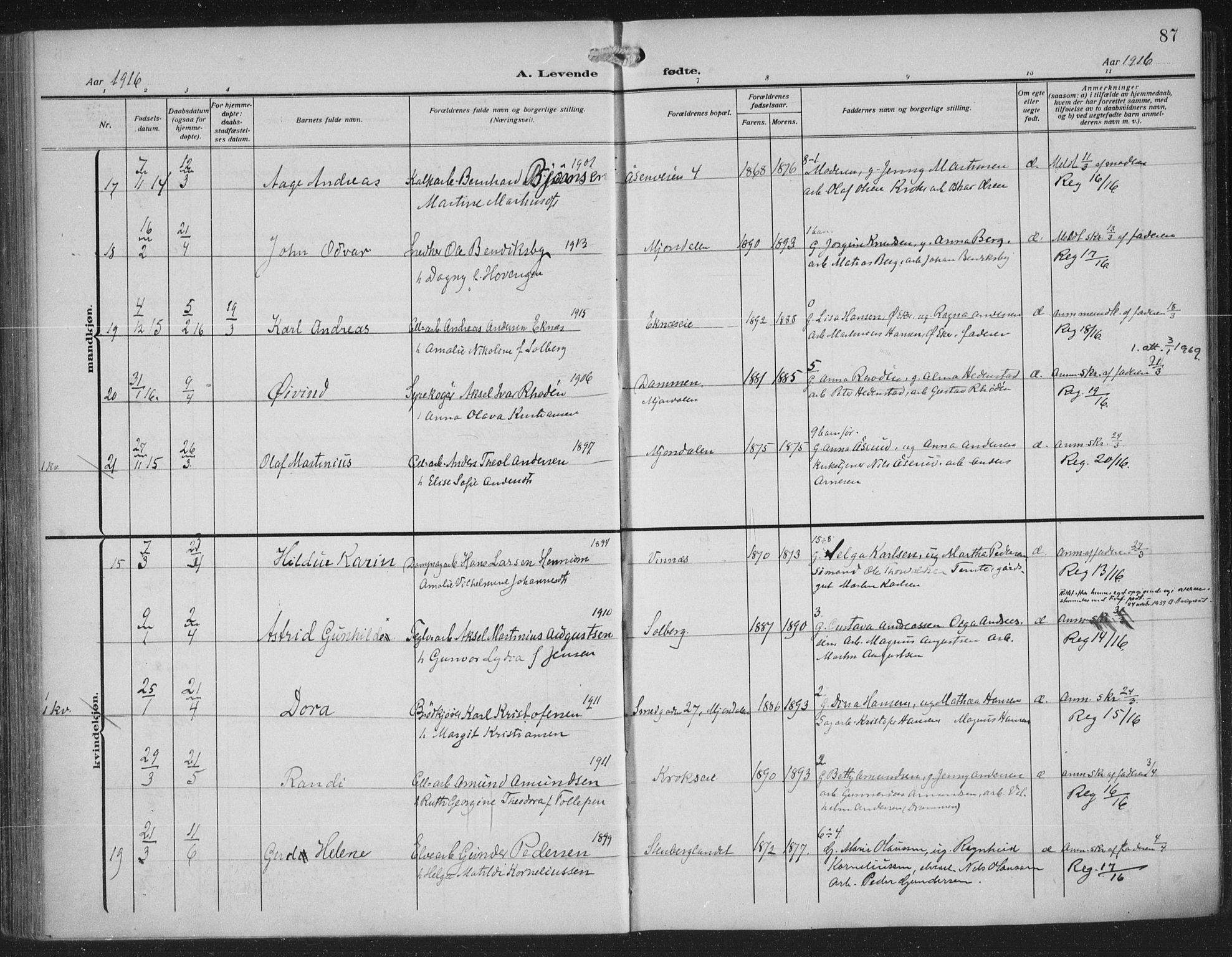 Nedre Eiker kirkebøker, SAKO/A-612/F/Fa/L0007: Parish register (official) no. 7, 1912-1918, p. 87