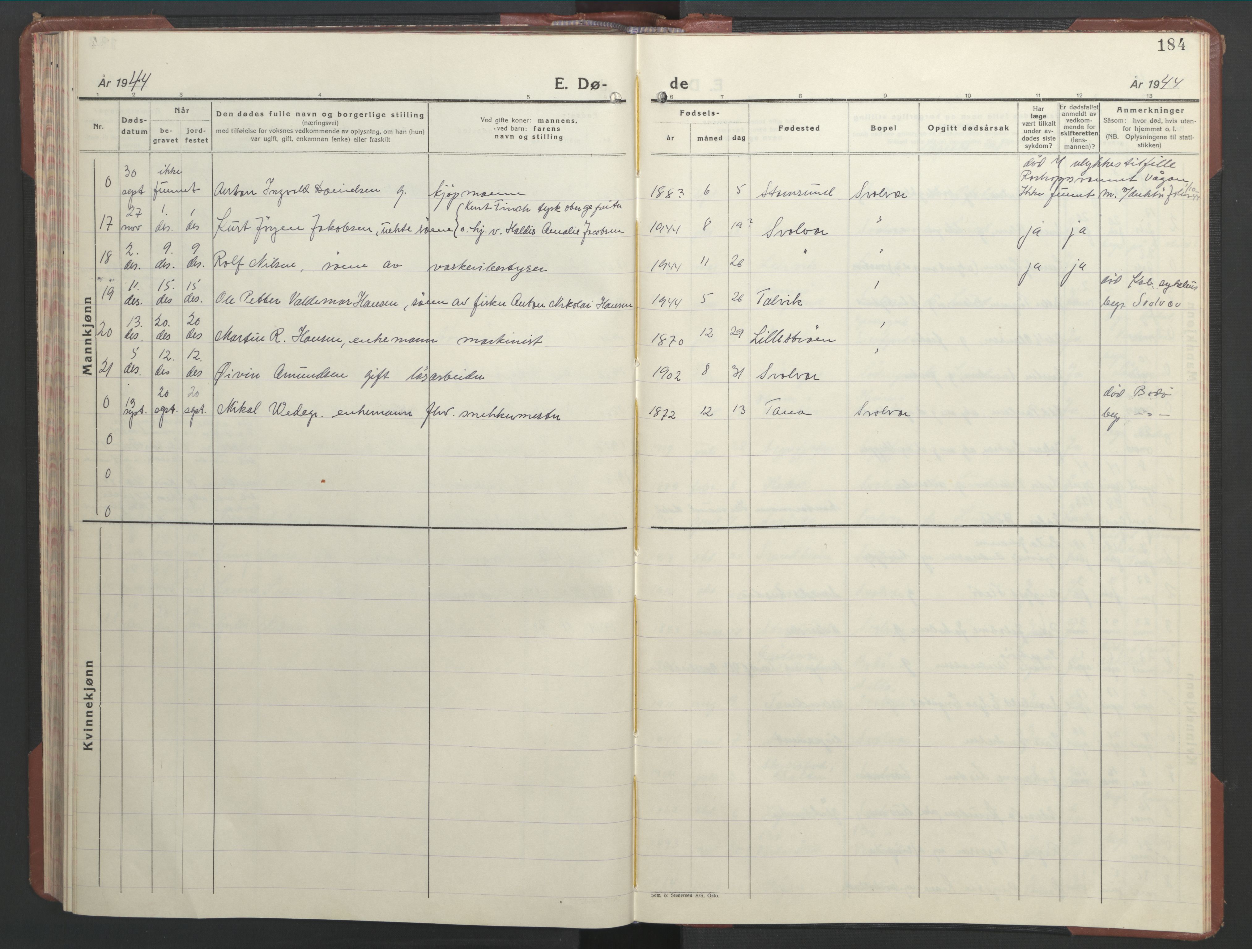 Ministerialprotokoller, klokkerbøker og fødselsregistre - Nordland, AV/SAT-A-1459/877/L1118: Parish register (copy) no. 877C02, 1939-1950, p. 184