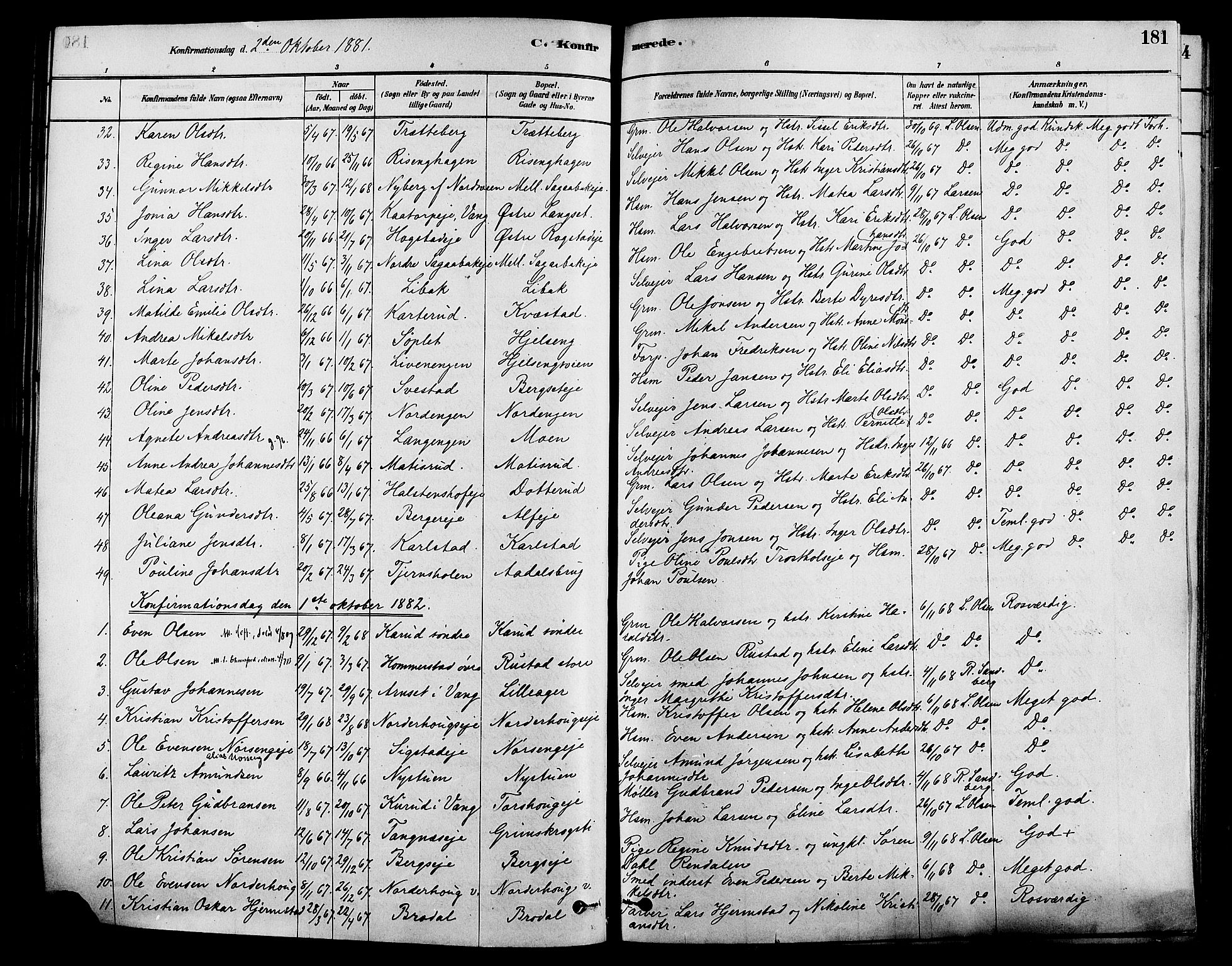 Løten prestekontor, SAH/PREST-022/K/Ka/L0009: Parish register (official) no. 9, 1878-1891, p. 181
