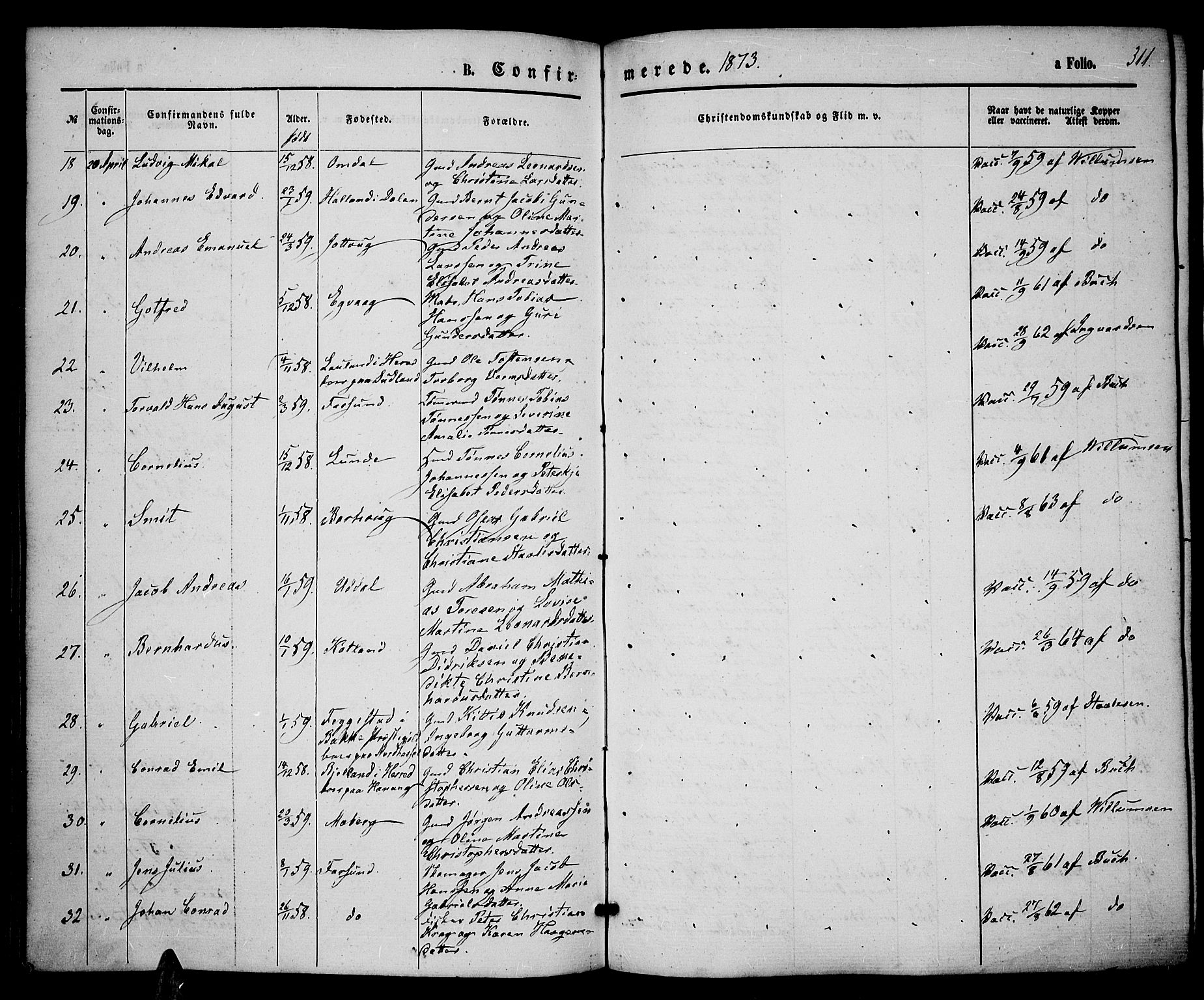 Lista sokneprestkontor, AV/SAK-1111-0027/F/Fb/L0003: Parish register (copy) no. B 3, 1862-1877, p. 311