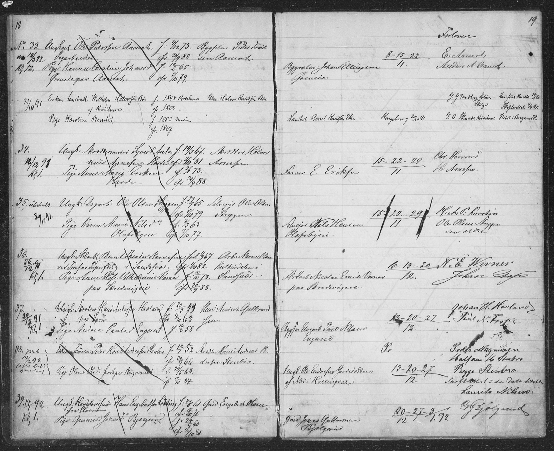 Modum kirkebøker, SAKO/A-234/H/Ha/L0001: Banns register no. I 1, 1891-1903, p. 18-19