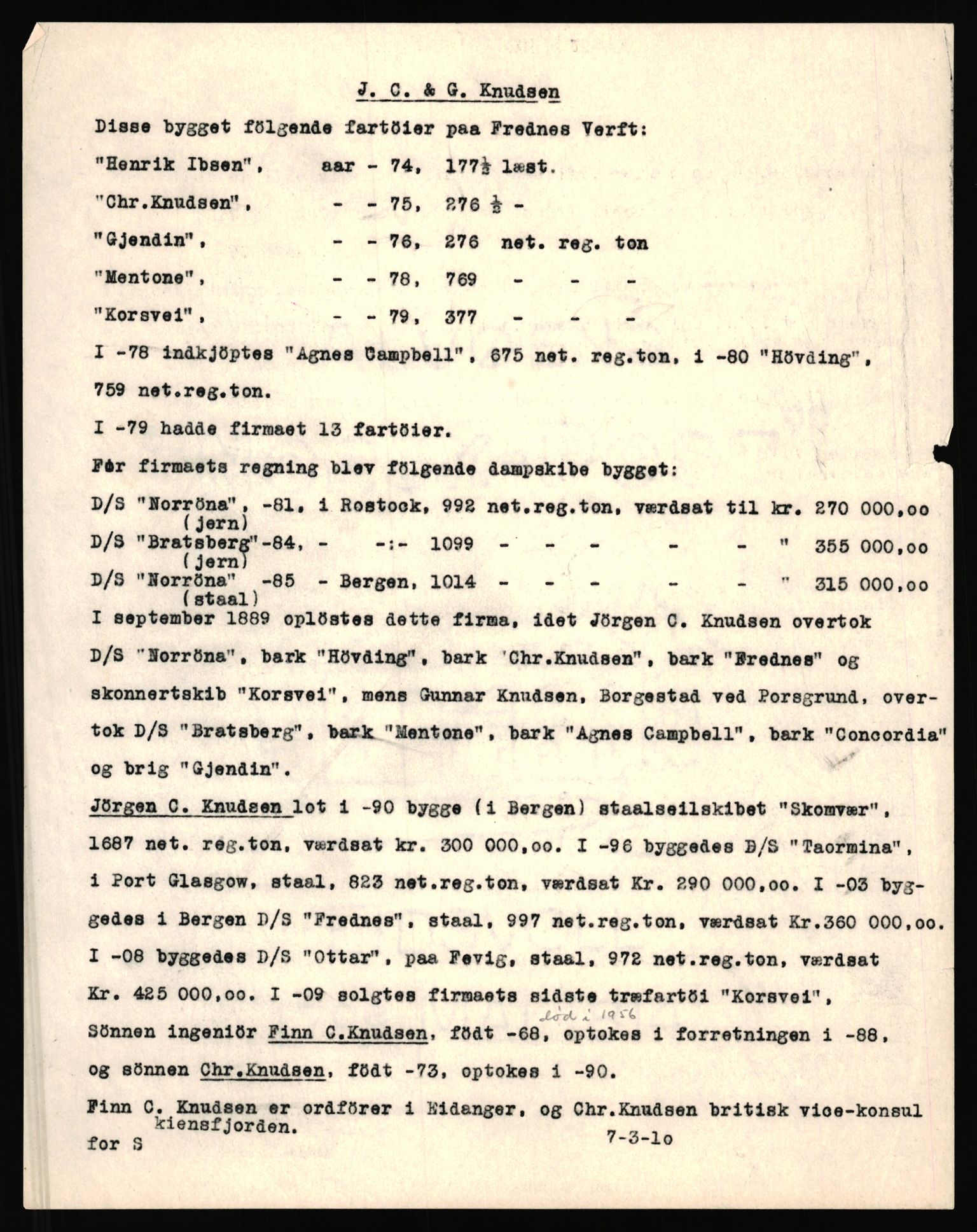 Knudsen, Gunnar, AV/RA-PA-0626/G/L0033/0002: -- / J.C. & G. Knudsen. Frednæs - korrespondanse m.m., 1870-1889