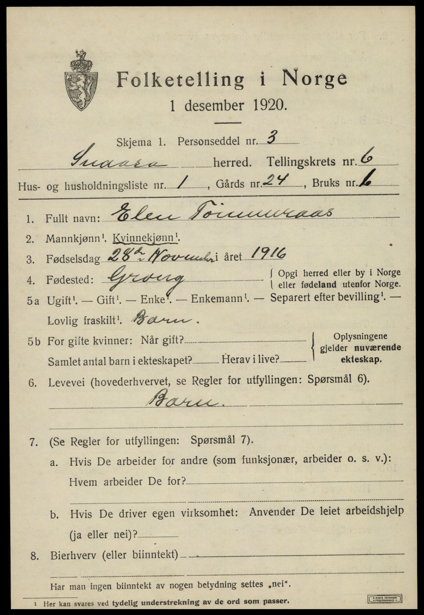 SAT, 1920 census for Snåsa, 1920, p. 2576