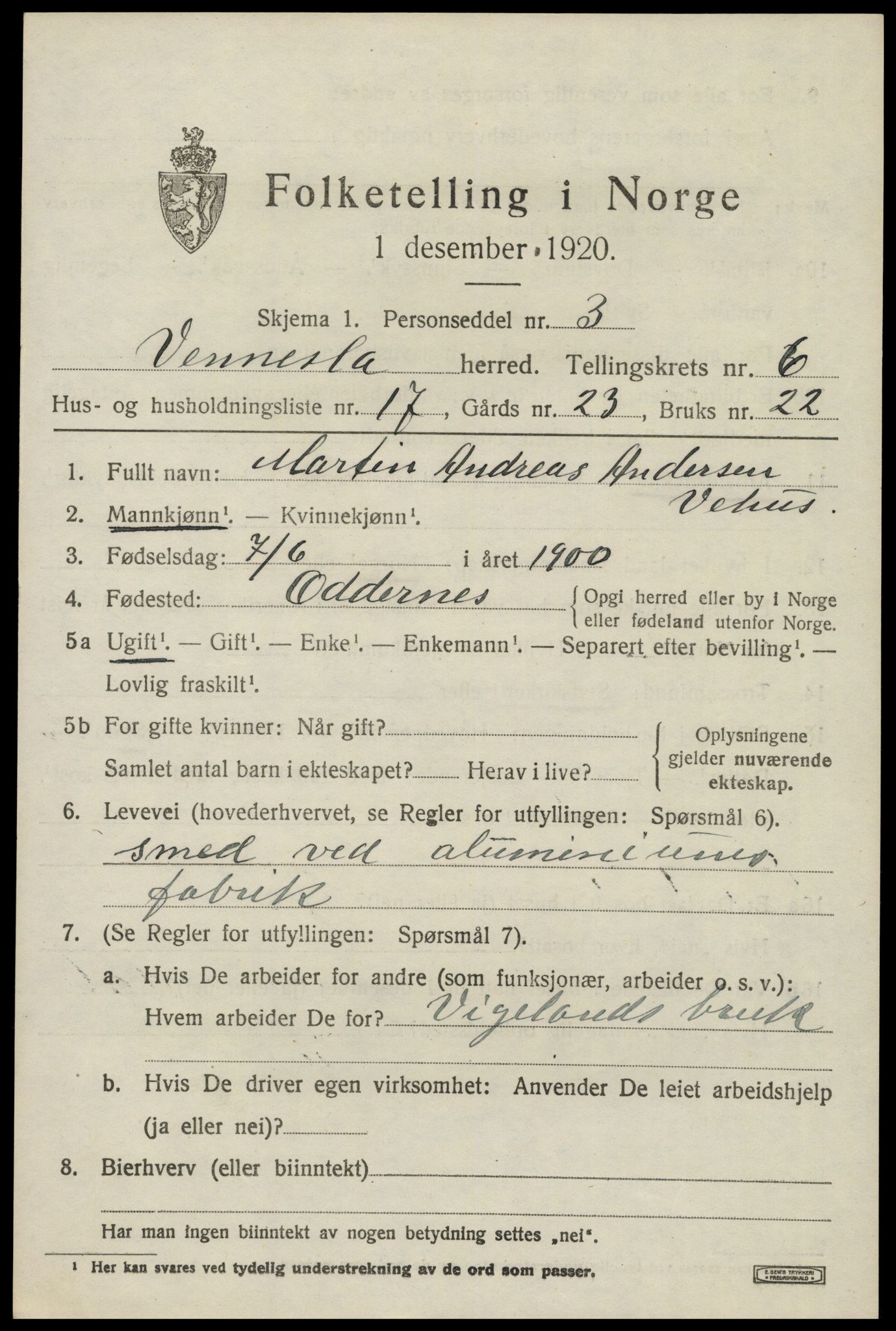 SAK, 1920 census for Vennesla, 1920, p. 4508