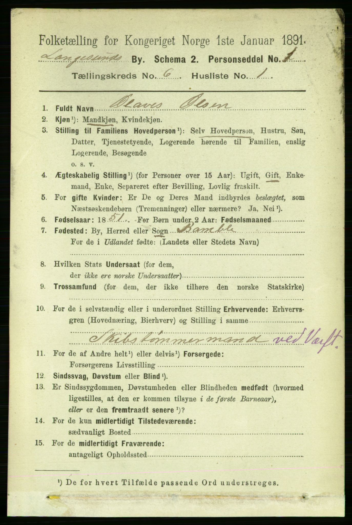 RA, 1891 census for 0802 Langesund, 1891, p. 1500