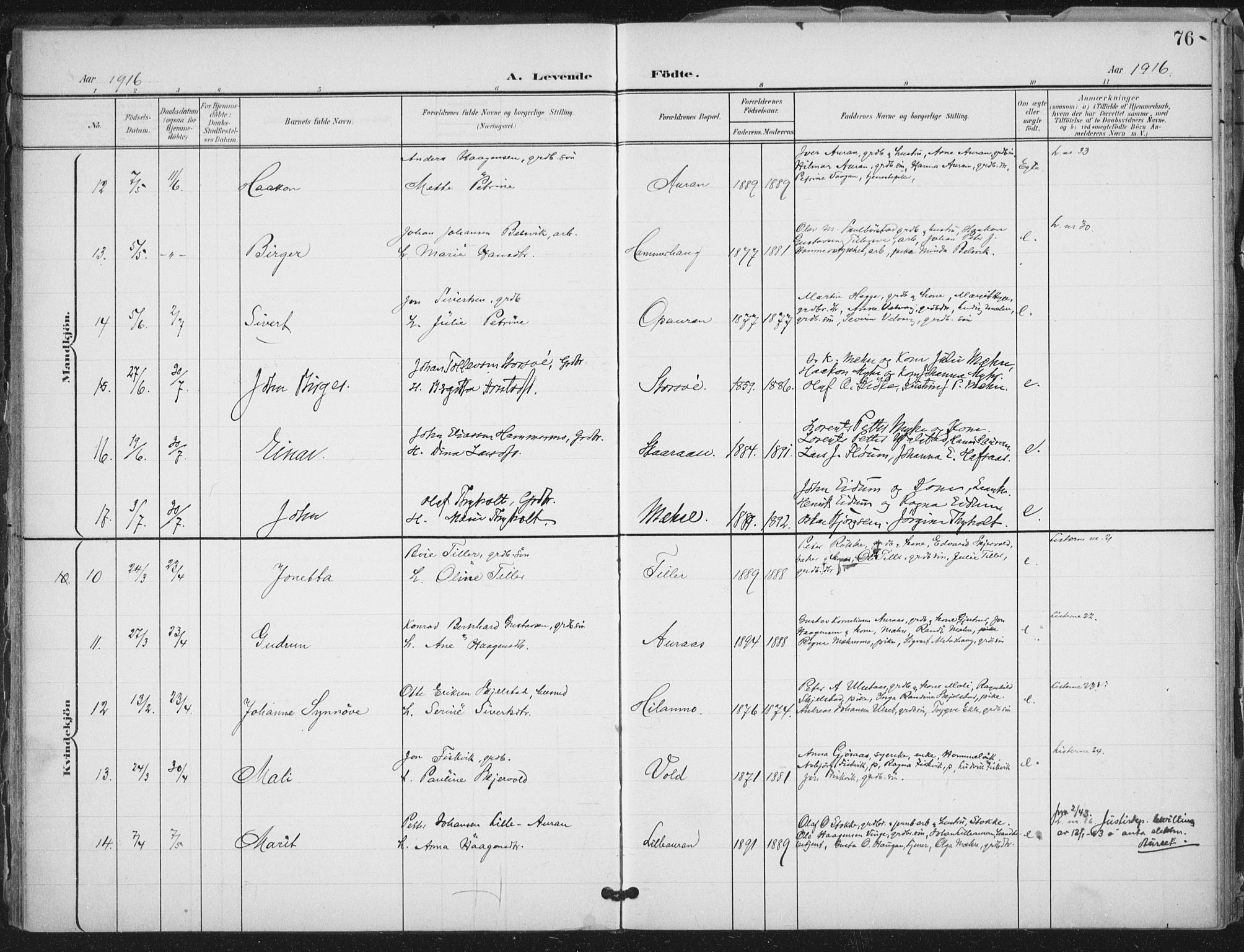 Ministerialprotokoller, klokkerbøker og fødselsregistre - Nord-Trøndelag, AV/SAT-A-1458/712/L0101: Parish register (official) no. 712A02, 1901-1916, p. 76