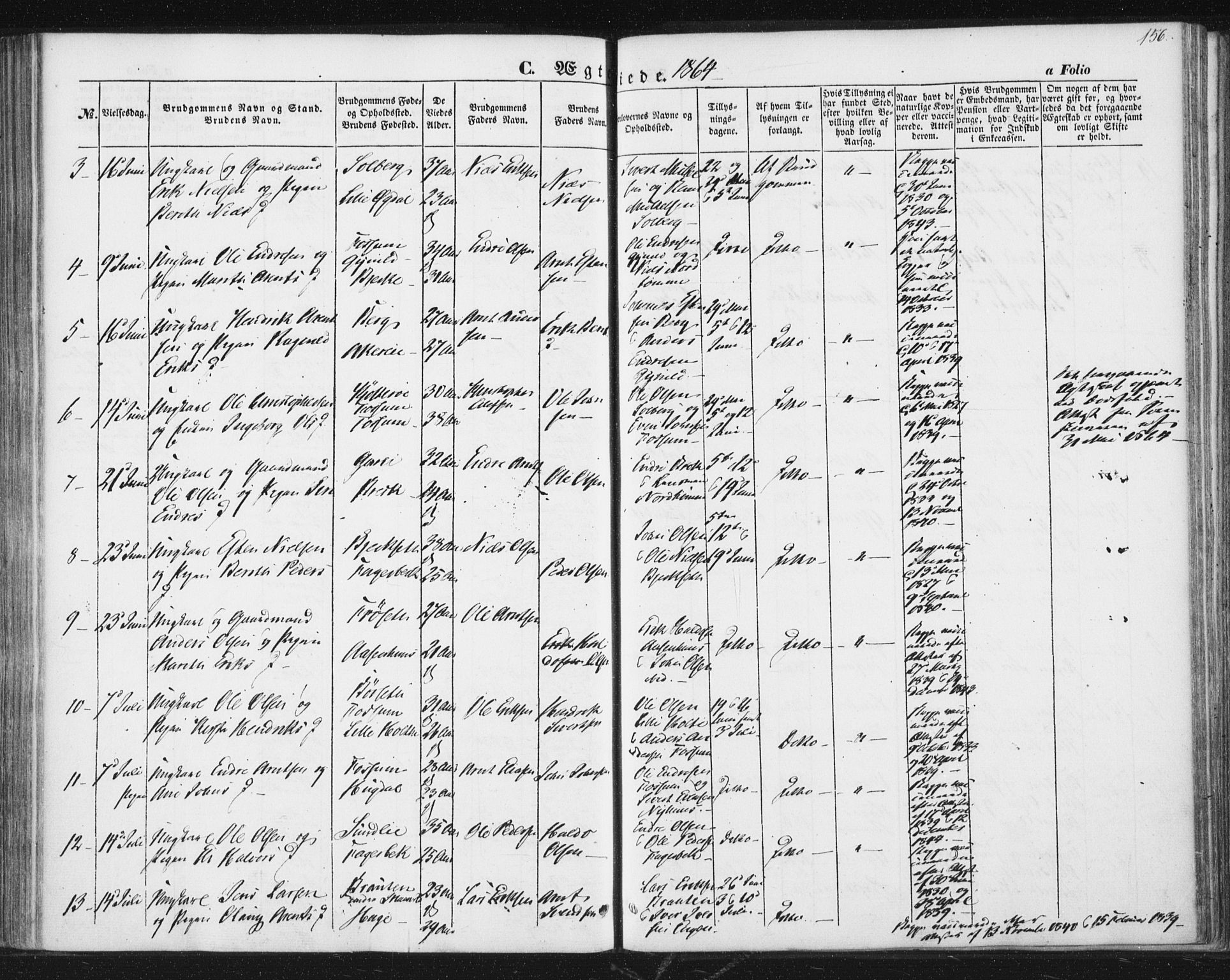 Ministerialprotokoller, klokkerbøker og fødselsregistre - Sør-Trøndelag, AV/SAT-A-1456/689/L1038: Parish register (official) no. 689A03, 1848-1872, p. 156