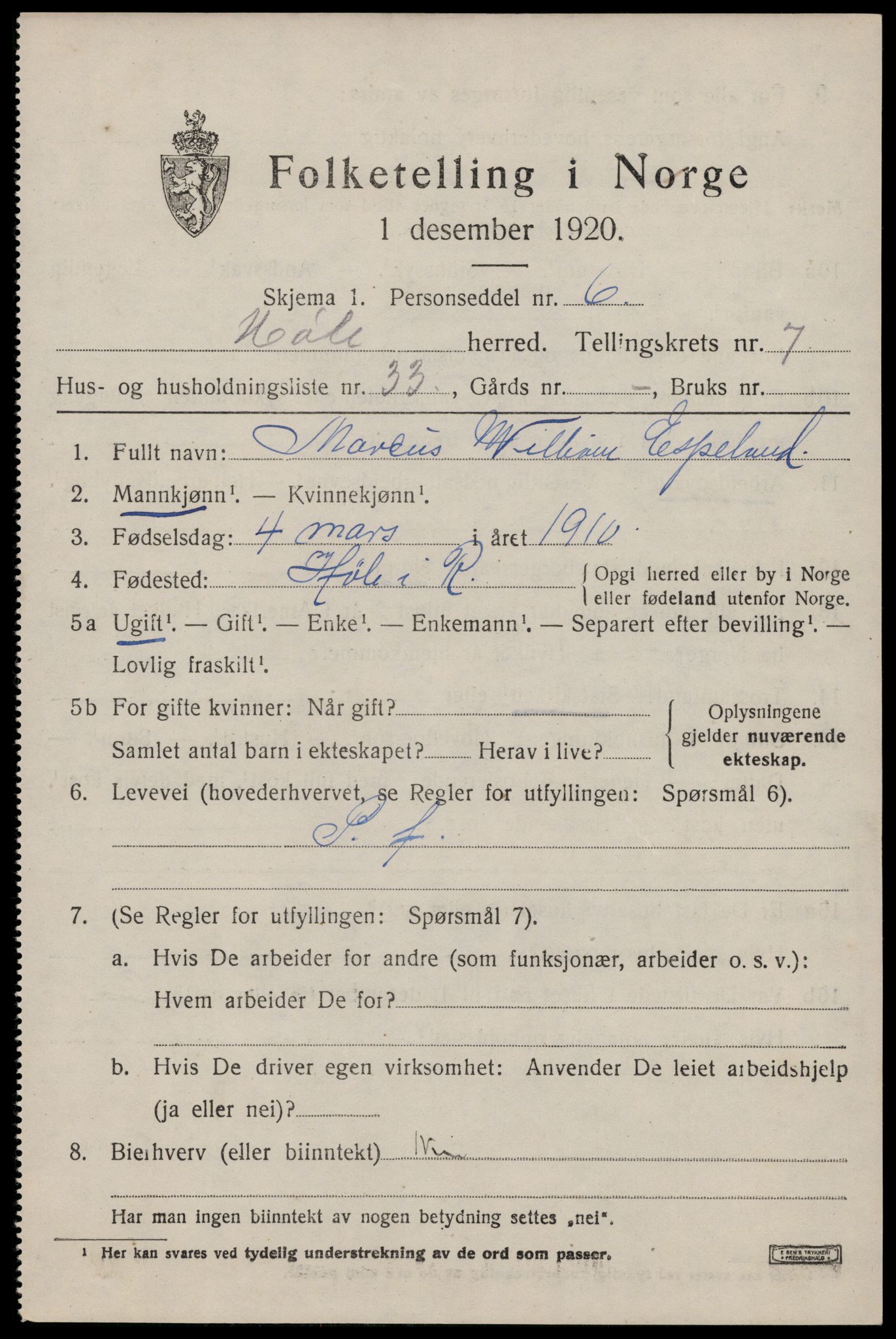 SAST, 1920 census for Høle, 1920, p. 2207