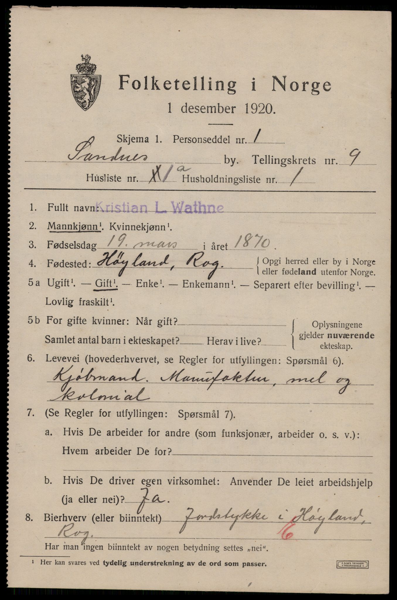 SAST, 1920 census for Sandnes, 1920, p. 6182