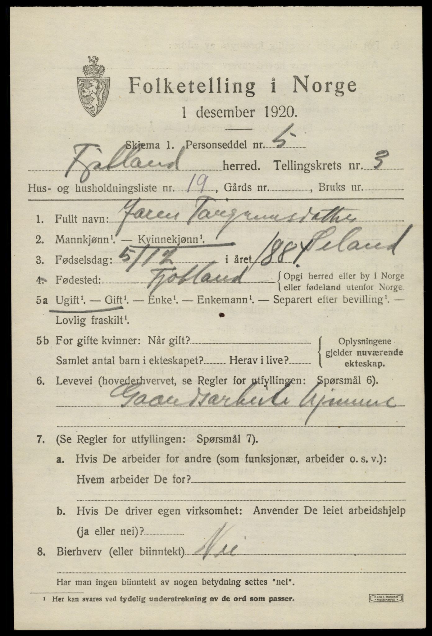 SAK, 1920 census for Fjotland, 1920, p. 1188