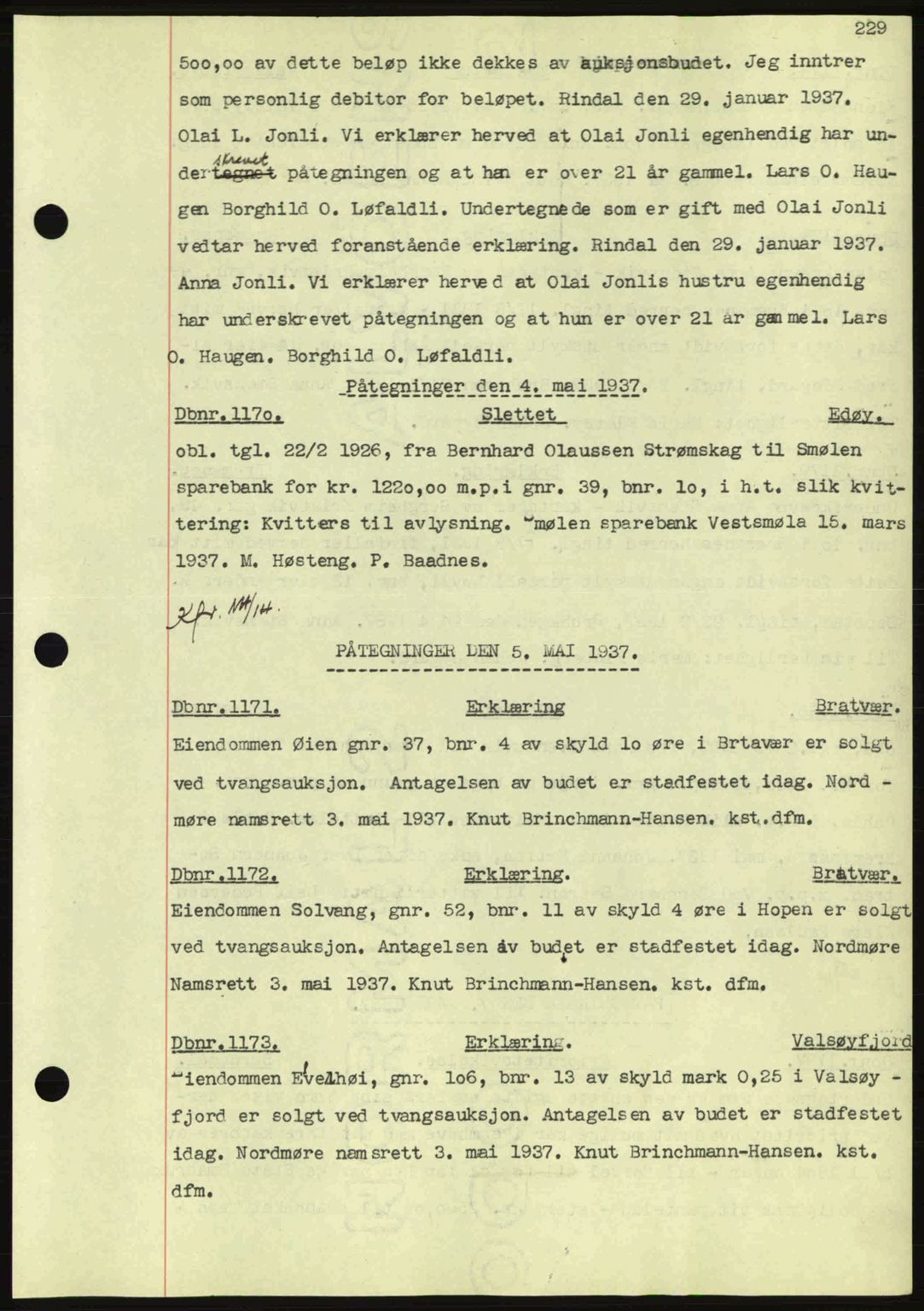 Nordmøre sorenskriveri, AV/SAT-A-4132/1/2/2Ca: Mortgage book no. C80, 1936-1939, Diary no: : 1170/1937