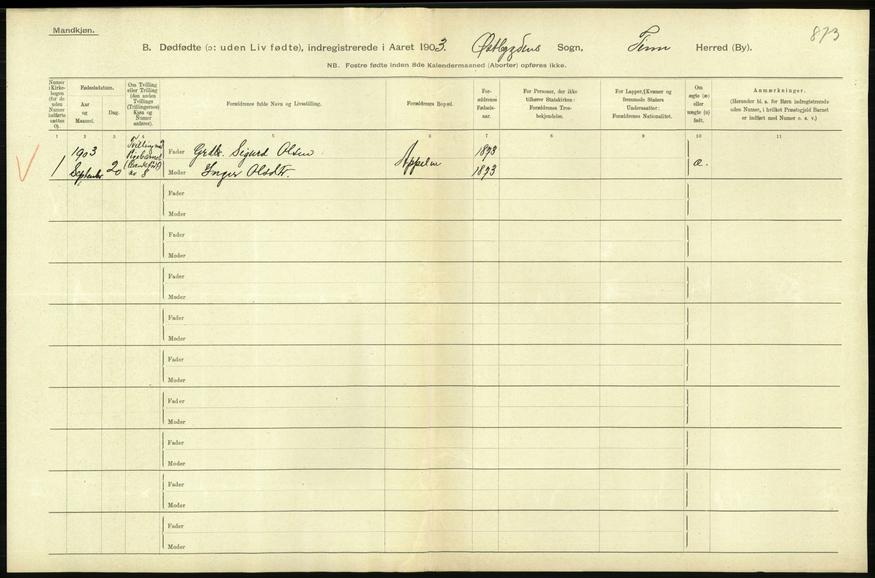 Statistisk sentralbyrå, Sosiodemografiske emner, Befolkning, RA/S-2228/D/Df/Dfa/Dfaa/L0024: Smålenenes - Stavanger amt: Dødfødte. Bygder., 1903, p. 404