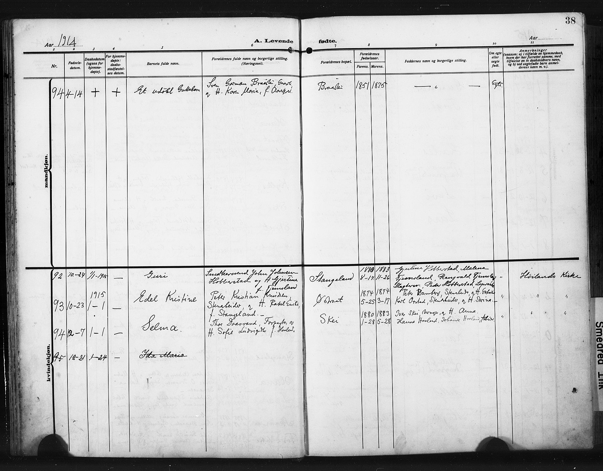 Høyland sokneprestkontor, SAST/A-101799/001/30BA/L0017: Parish register (official) no. A 15, 1912-1924, p. 38