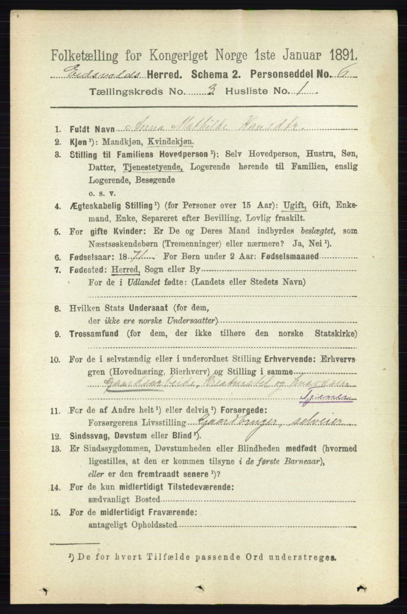 RA, 1891 census for 0237 Eidsvoll, 1891, p. 1593