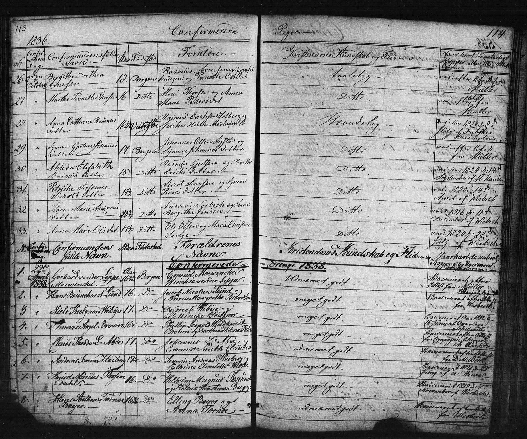 Domkirken sokneprestembete, SAB/A-74801/H/Haa/L0063: Curate's parish register no. A 1, 1821-1848, p. 113-114