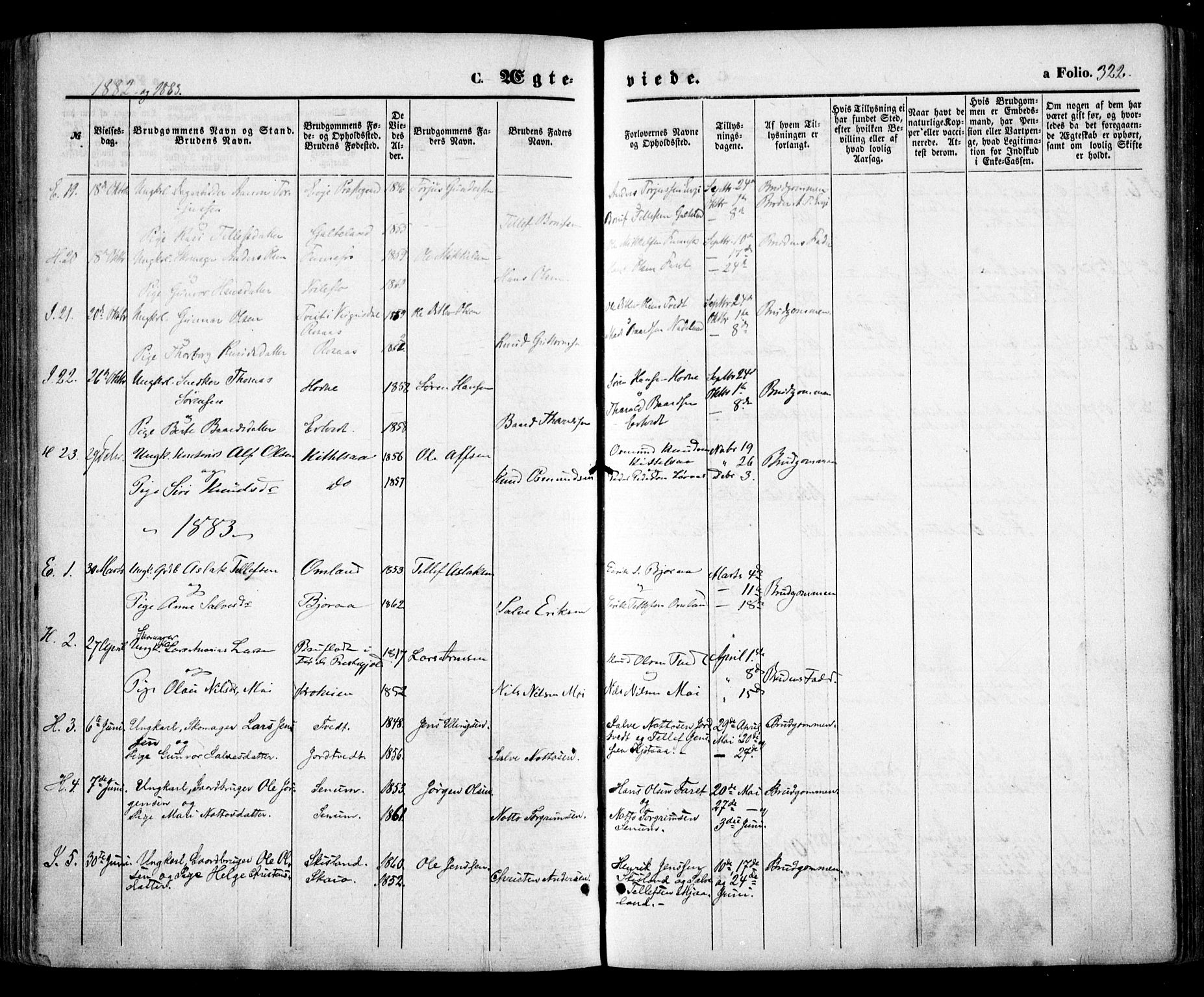 Evje sokneprestkontor, SAK/1111-0008/F/Fa/Faa/L0006: Parish register (official) no. A 6, 1866-1884, p. 322