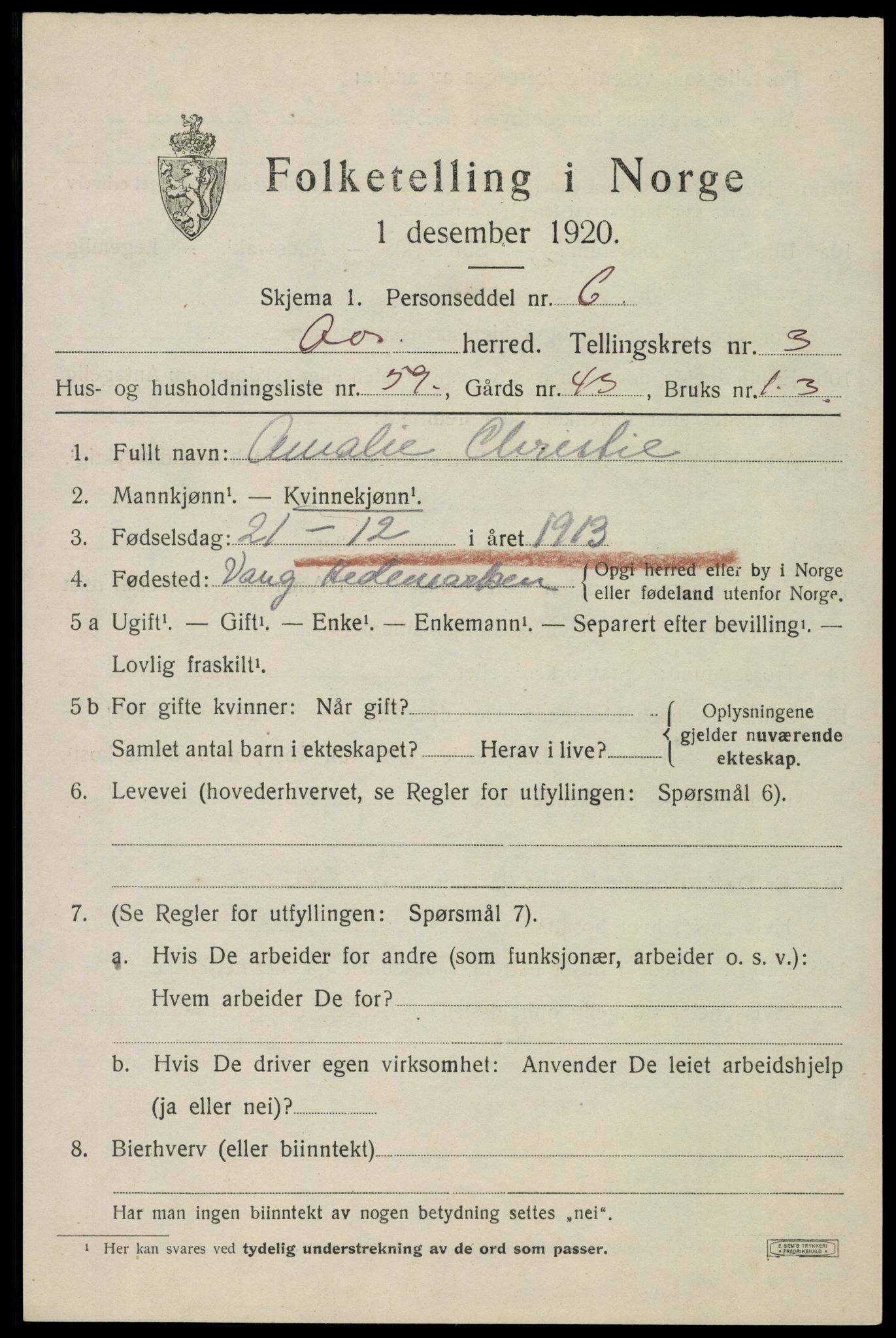 SAO, 1920 census for Ås, 1920, p. 4436