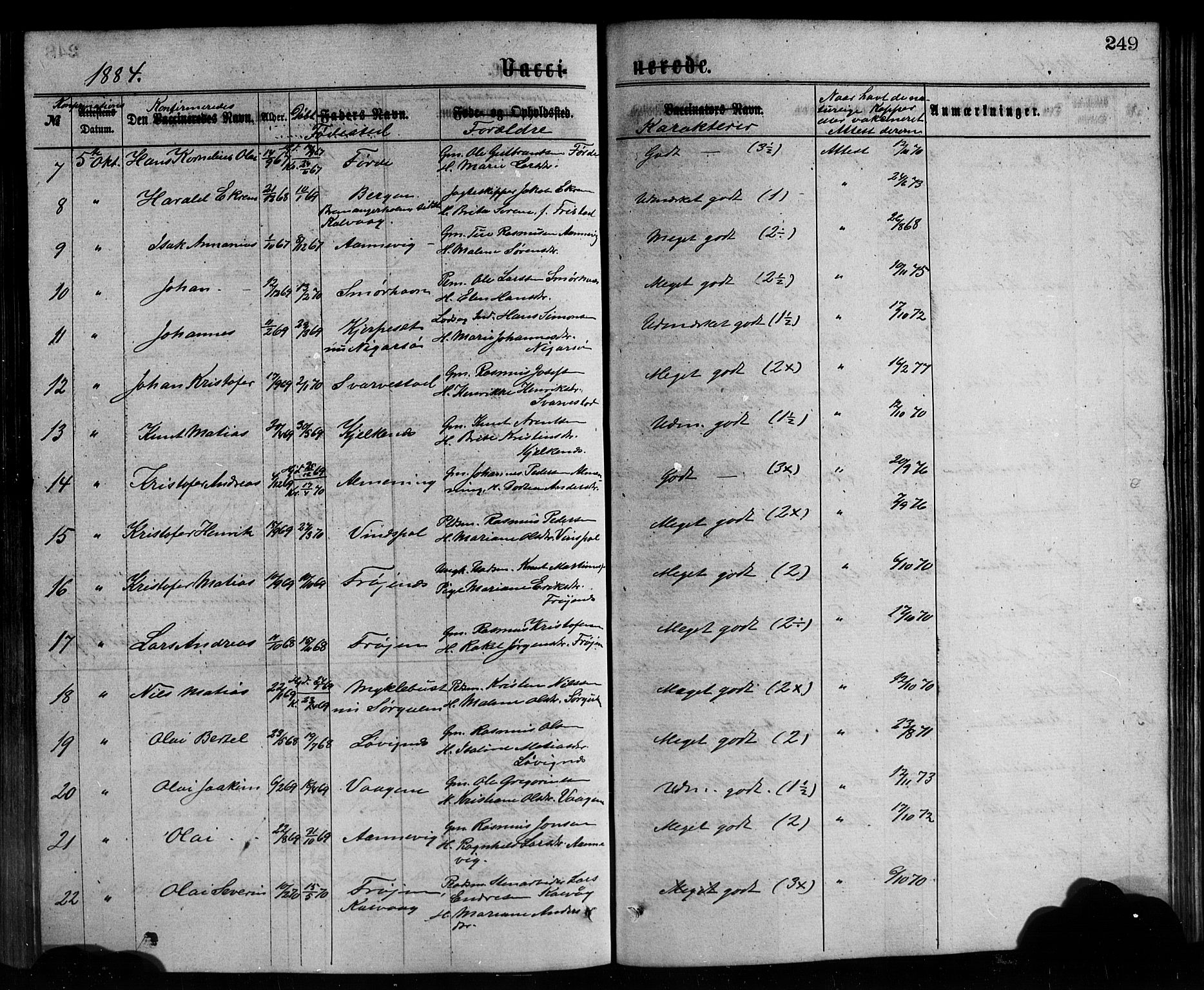 Bremanger sokneprestembete, AV/SAB-A-82201/H/Hab/Haba/L0002: Parish register (copy) no. A 2, 1866-1889, p. 249